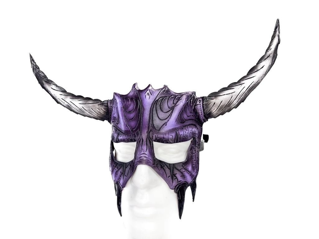Handmade Genuine Leather Mask with Horns in Purple and White  The Horned Beast