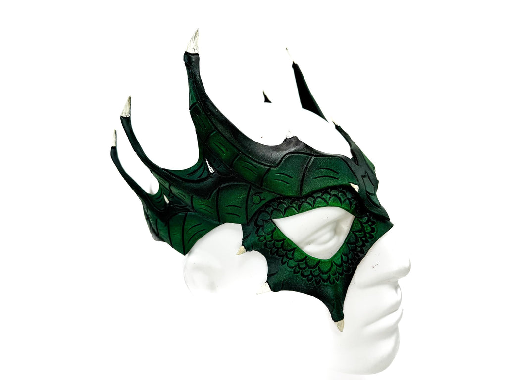 Green Dragon Crown Eye Mask - Handmade Genuine Leather - Masquerade, Halloween or Cosplay Costume