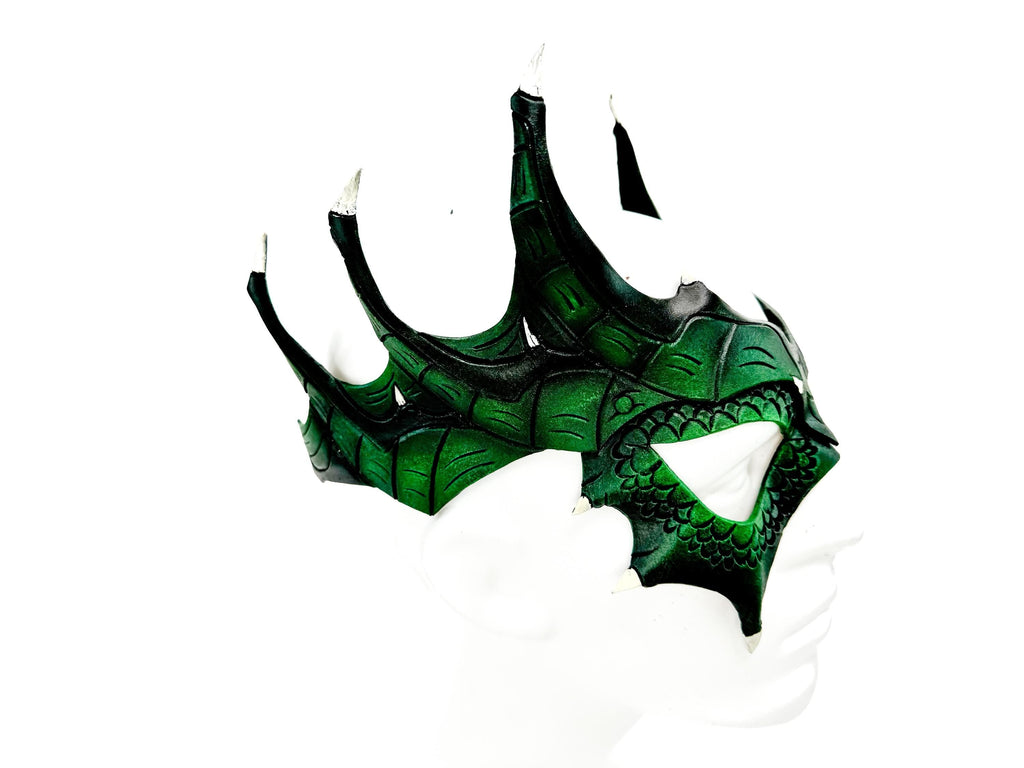 Green Dragon Crown Eye Mask - Handmade Genuine Leather - Masquerade, Halloween or Cosplay Costume