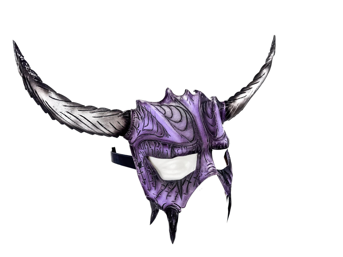 Handmade Genuine Leather Mask with Horns in Purple and White  The Horned Beast