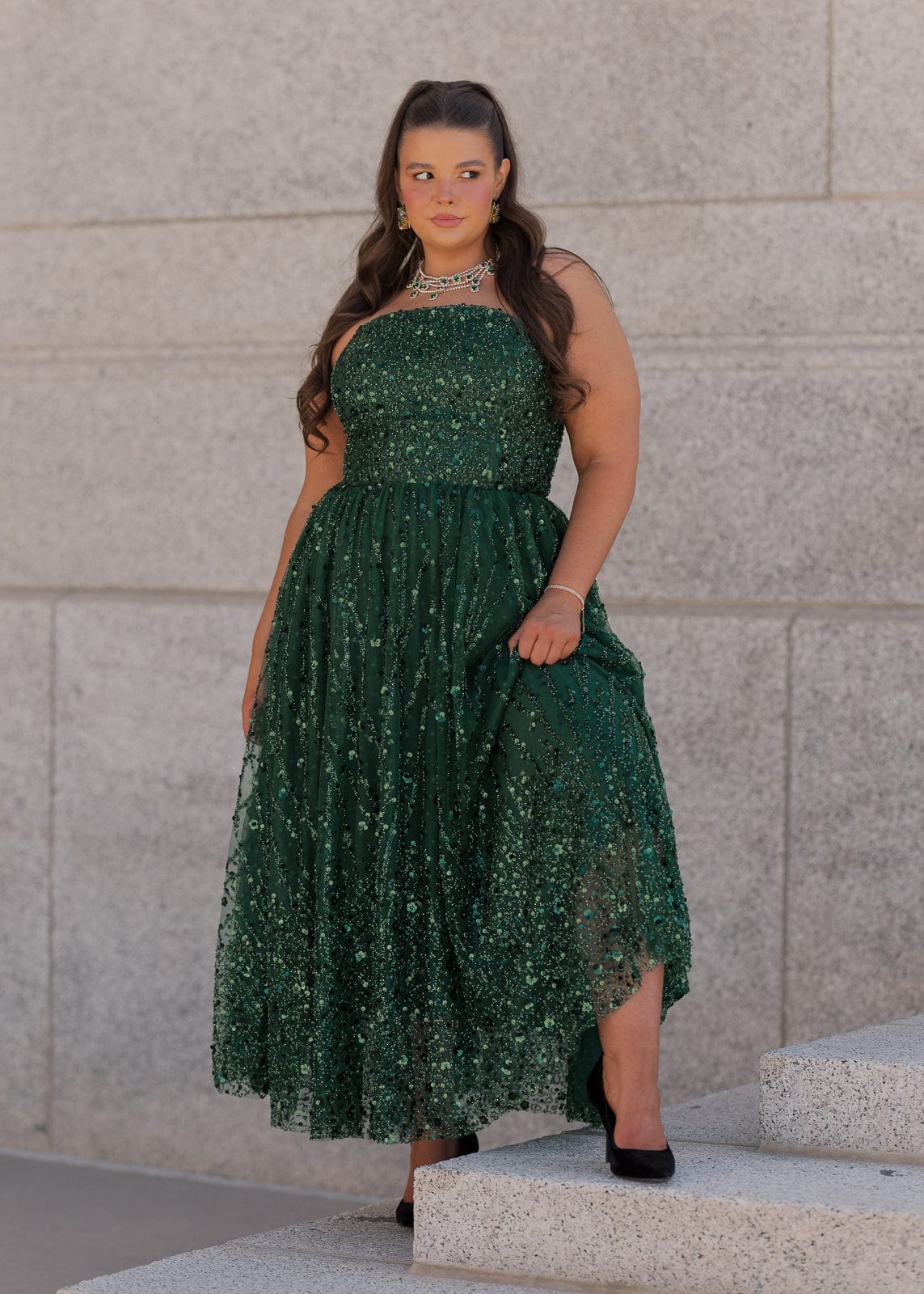 Vestido midi con corsé de lentejuelas sin tirantes Elphie - Verde