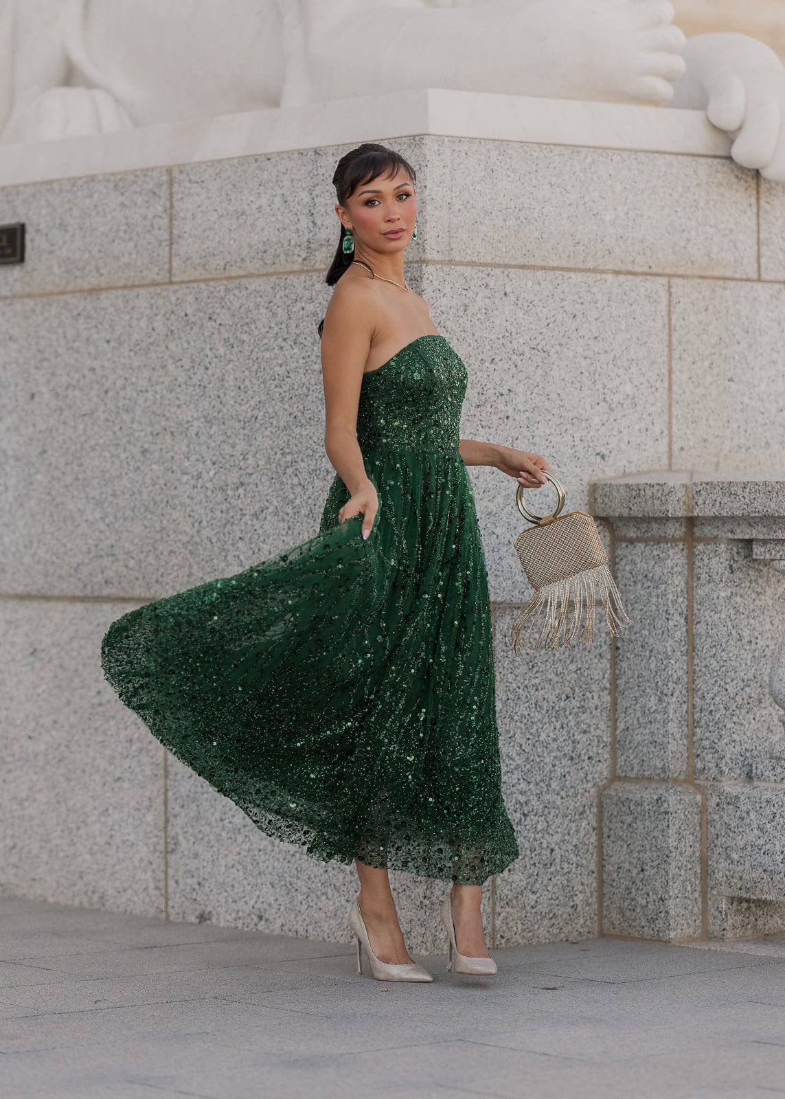 Vestido midi con corsé de lentejuelas sin tirantes Elphie - Verde