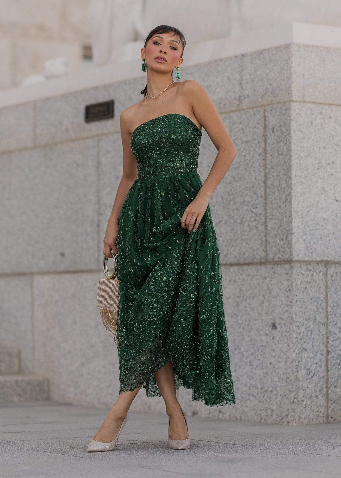 Vestido midi con corsé de lentejuelas sin tirantes Elphie - Verde