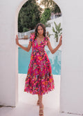 Vestido midi sin mangas con corte imperio y estampado de hibisco