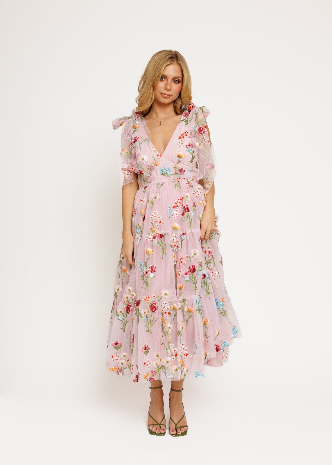 Vestido midi con bordado floral Margaret rosa