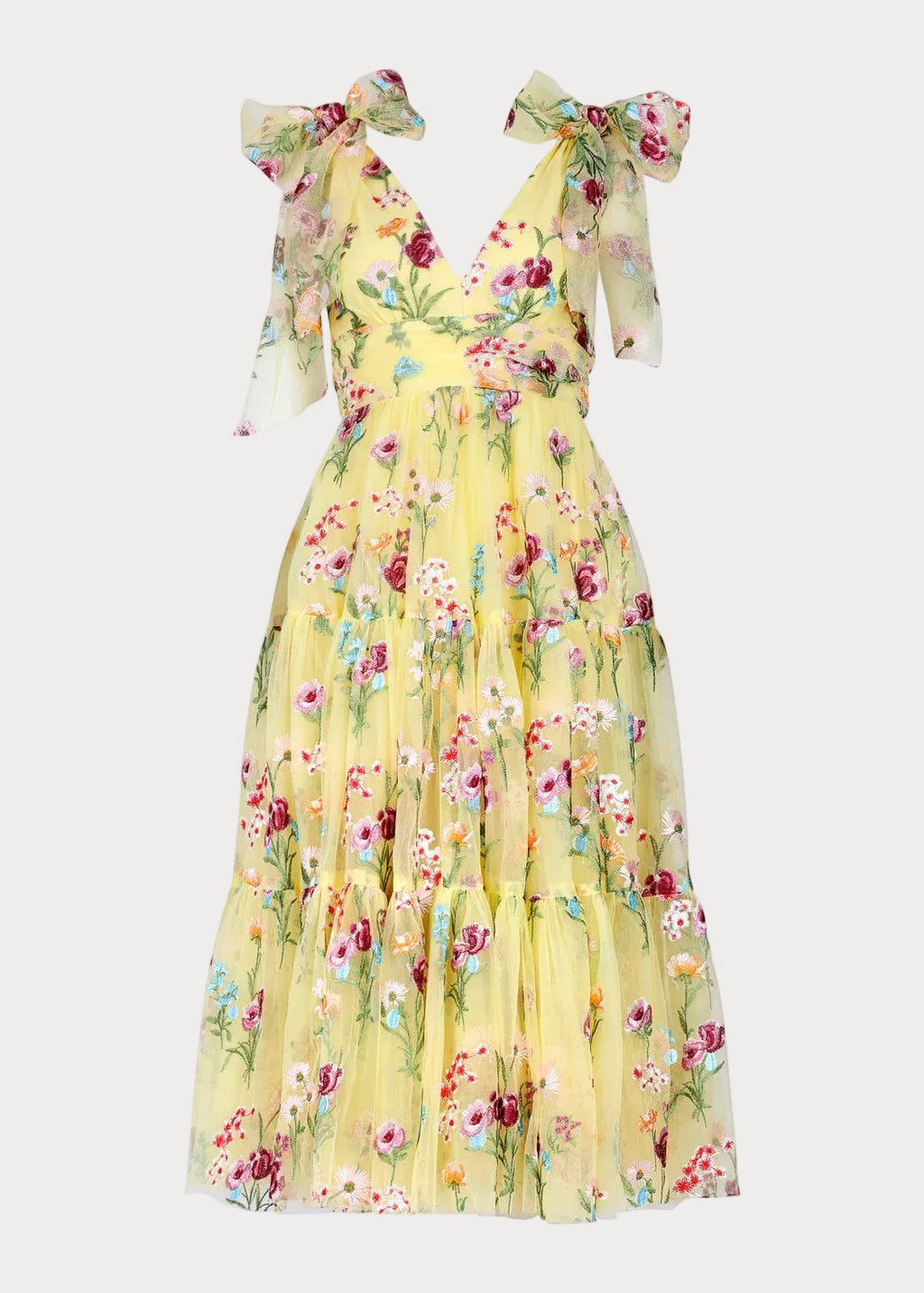 Vestido Midi Amarillo Bordado Floral Margaret