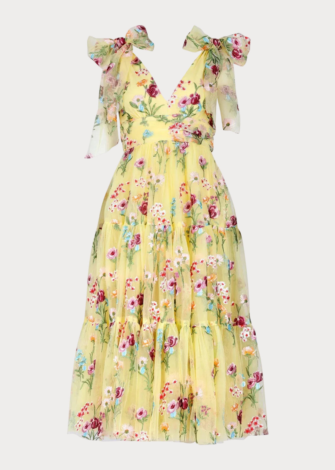 Vestido Midi Amarillo Bordado Floral Margaret