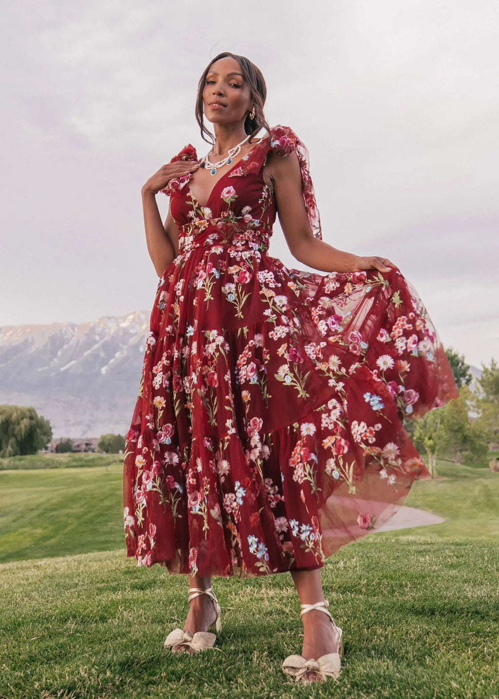 Vestido Midi Floral Margaret Rojo