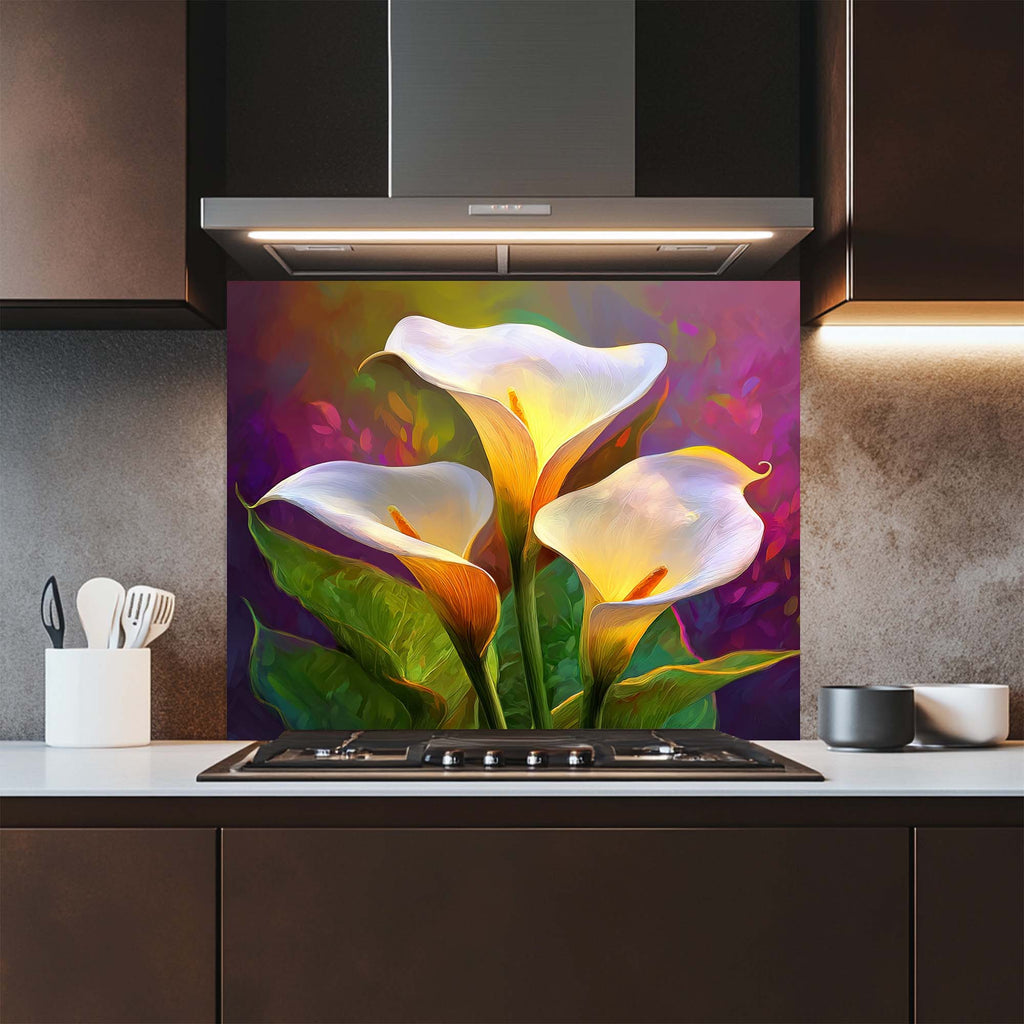 Luminous Calla Bloom – Tempered Glass Backsplash for Kitchen | Glowing Floral Backsplash