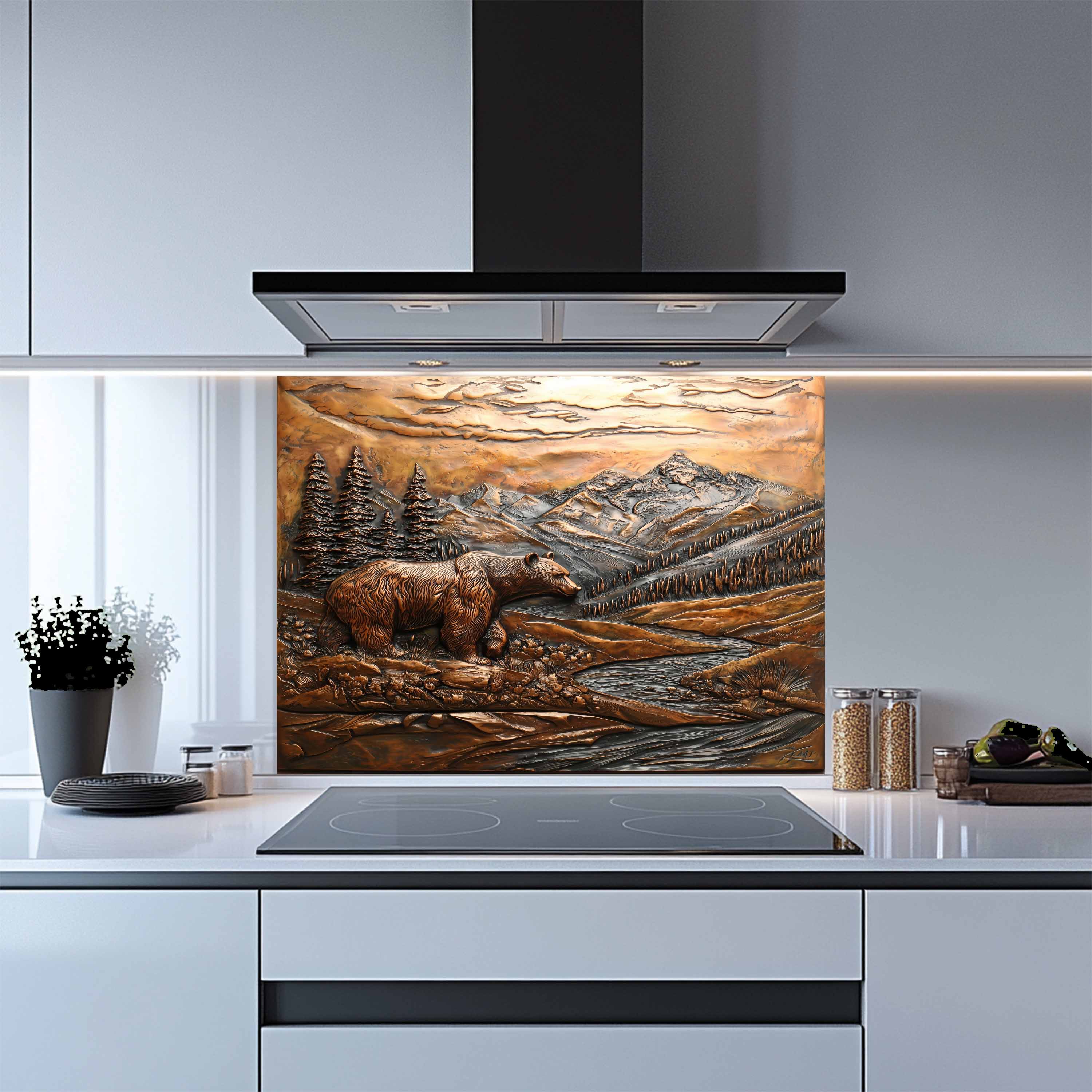 Bronze Grizzly Tempered Glass Backsplash – Mountain Bear Kitchen Backsplash Panel