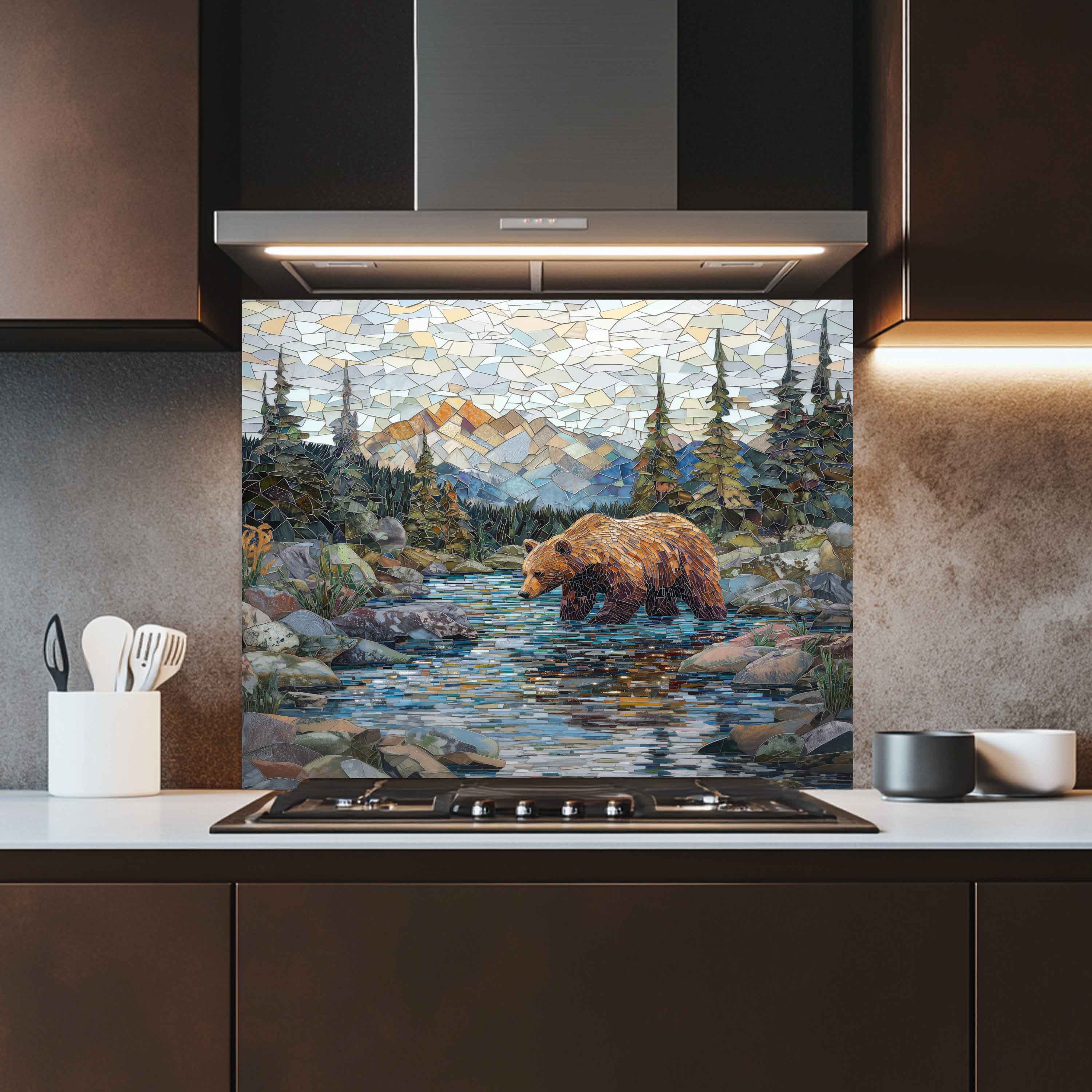 Mosaic Look Creek Tempered Glass Backsplash – Artistic Bear & River Scene