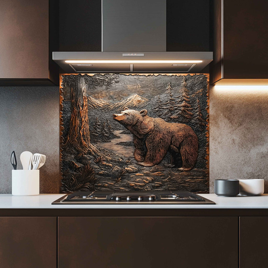 Forest Watch Tempered Glass Backsplash – Copper Bear & River Scene Splashback