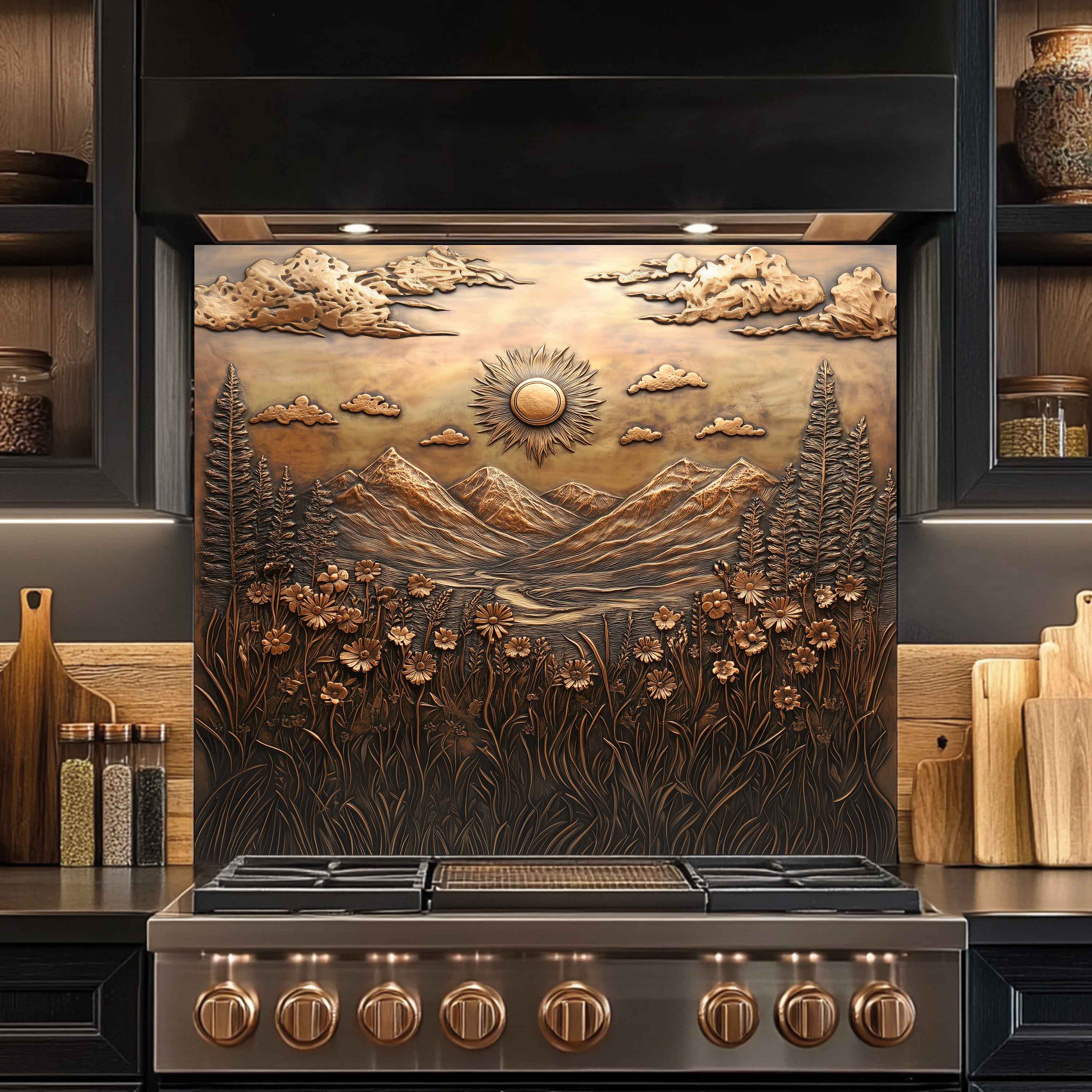 Sunlit Meadow Tempered Glass Backsplash – Floral Mountain Kitchen Backsplash Panel