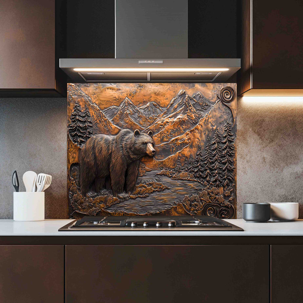 Salpicadero de Cristal Templado Estilo Rústico – Panel de Cocina Oso y Río de Montaña