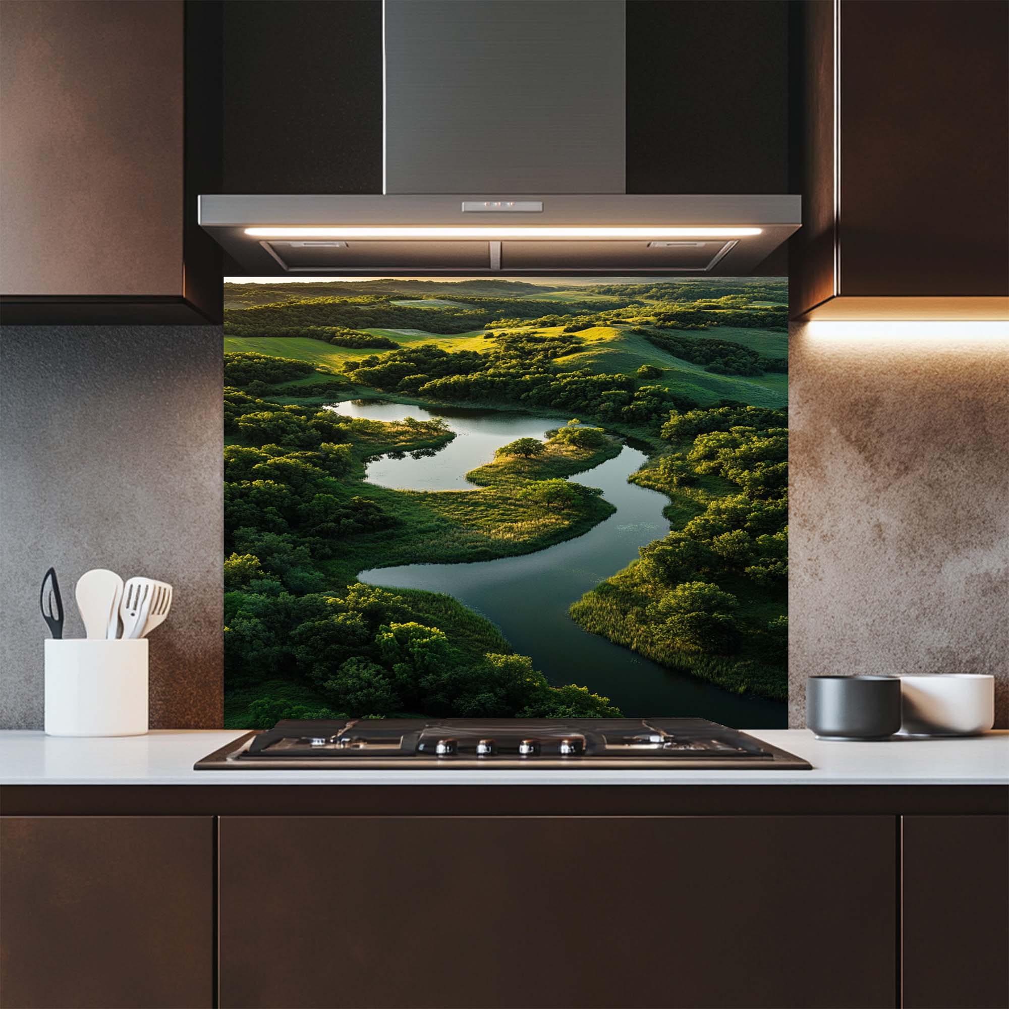 Emerald Flow – Tempered Glass Backsplash for Kitchen | Serene River Landscape Backsplash