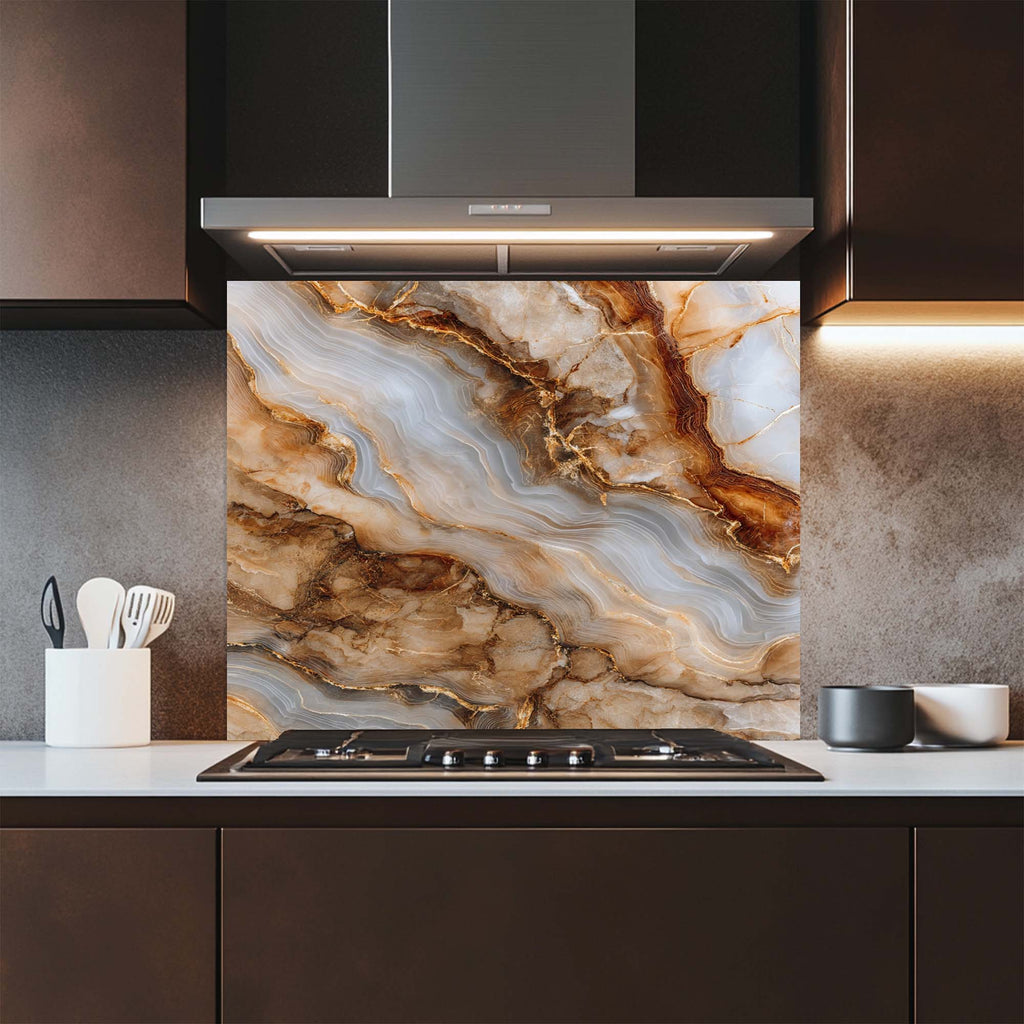 Onyx Gold – Salpicadero de cristal templado para cocina | Salpicadero con aspecto de mármol y ágata