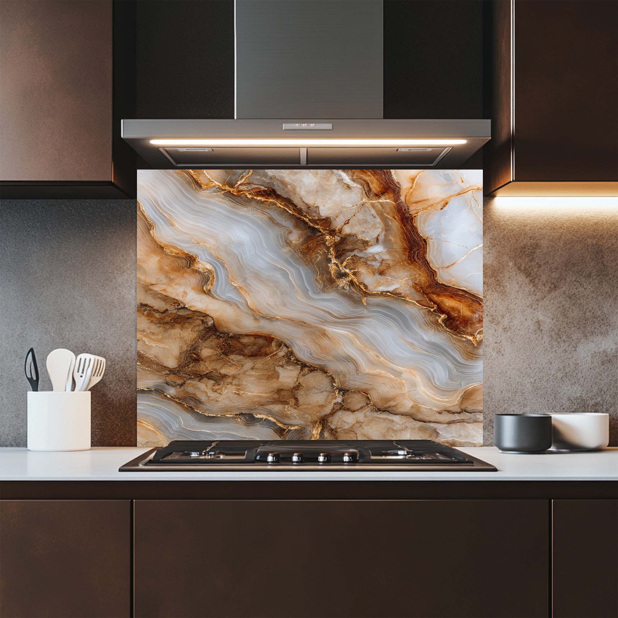 Onyx Gold – Salpicadero de cristal templado para cocina | Salpicadero con aspecto de mármol y ágata
