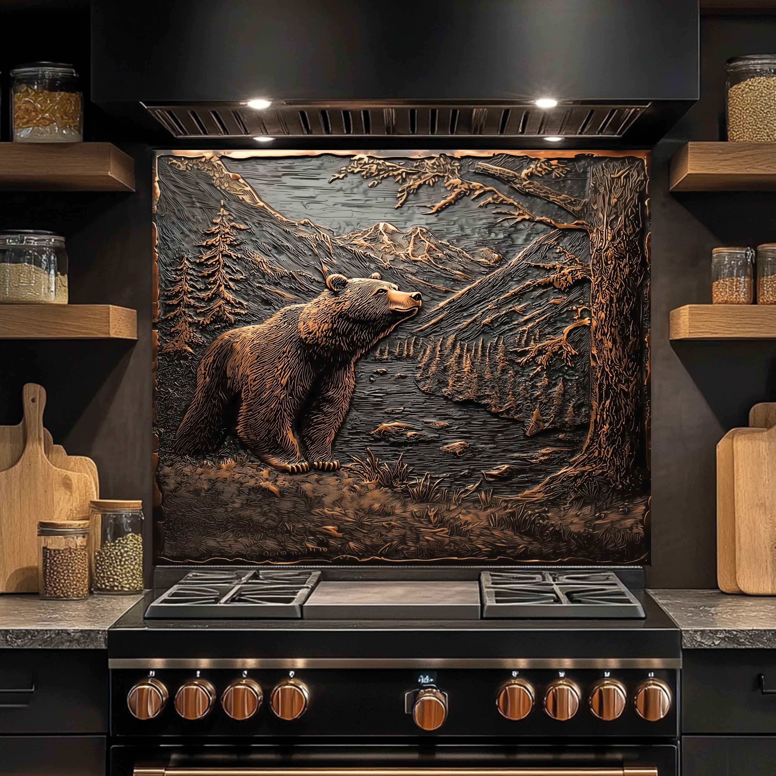 Mountain Whisper Tempered Glass Backsplash – Bear in Forest Kitchen Backsplash Panel