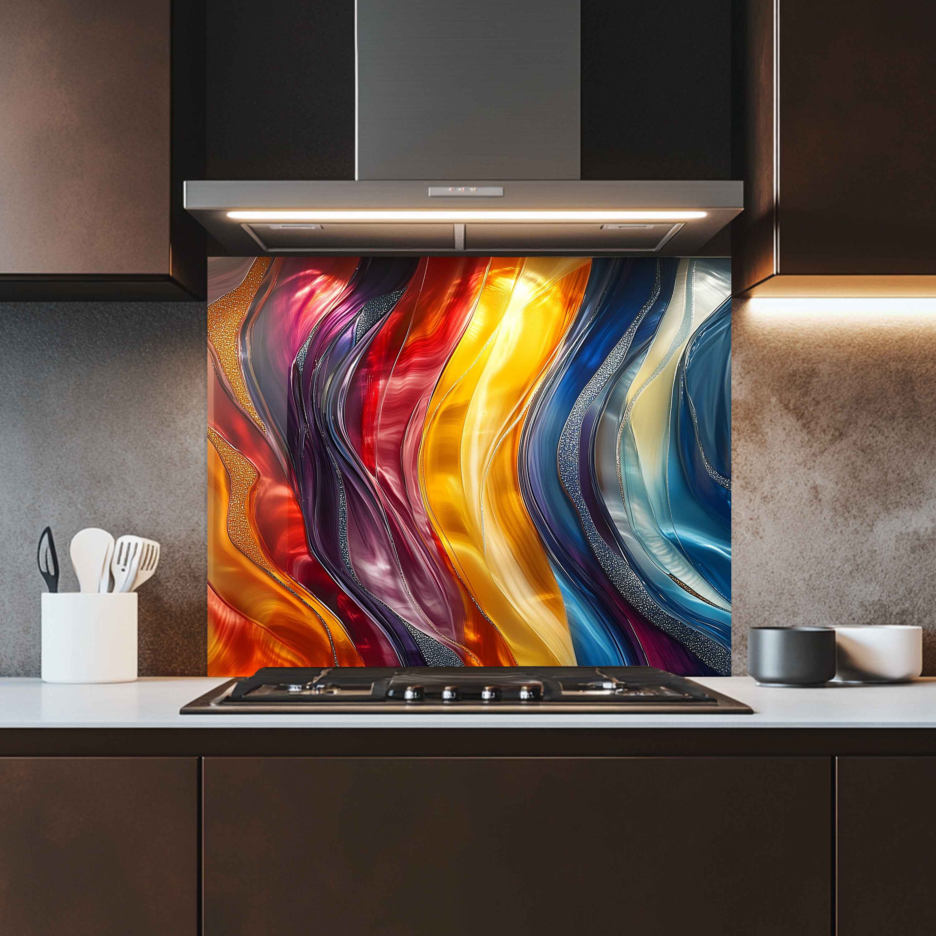 Aurora Waves Salpicadero de cristal templado – Panel de pared de cocina moderno abstracto personalizado