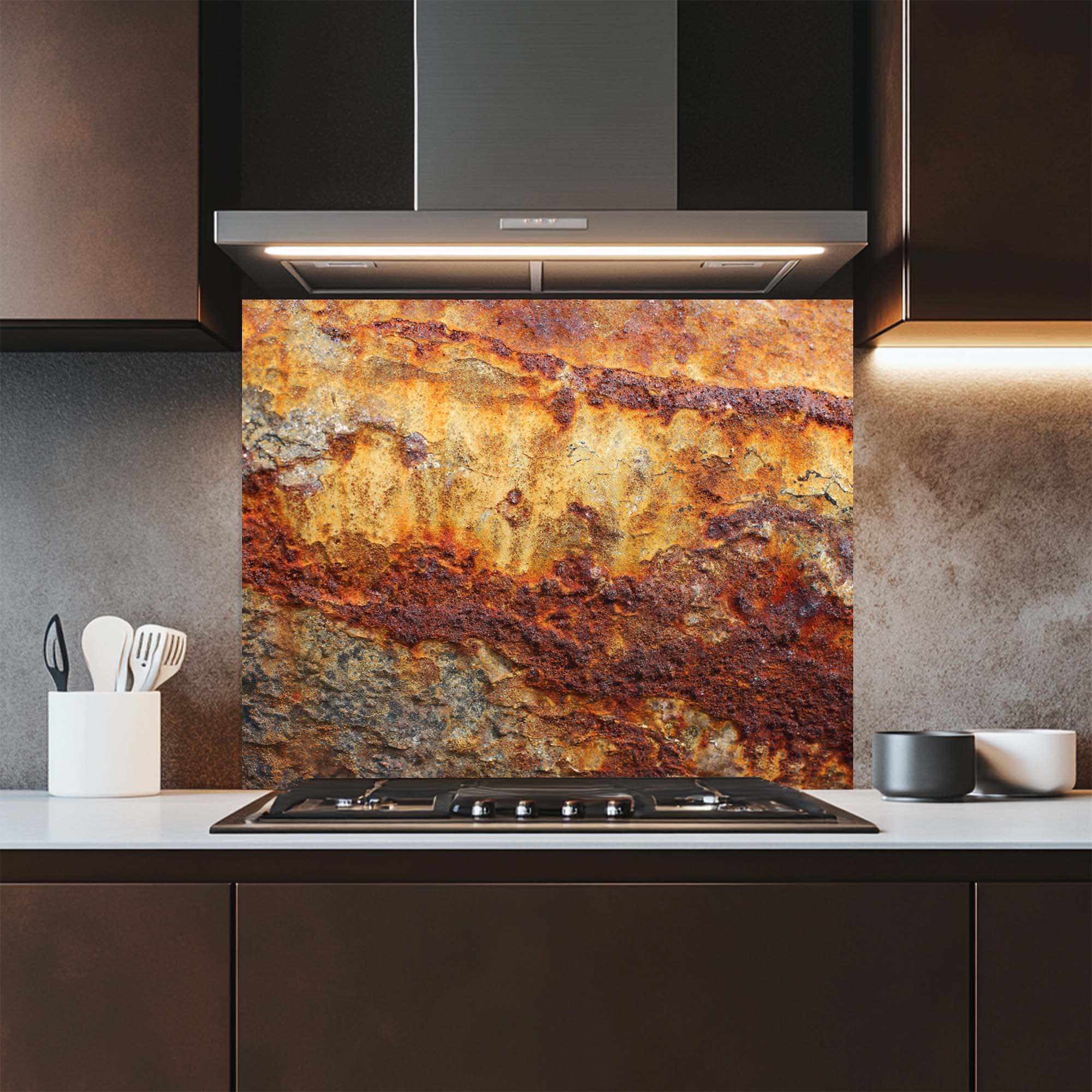 Rust Flow – Tempered Glass Backsplash | Industrial Abstract Copper Look Kitchen Backsplash