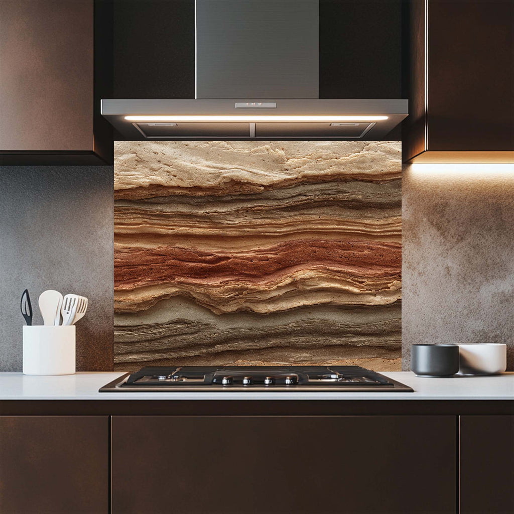 Strata Fusion – Salpicadero de cristal templado para cocina | Salpicadero de cristal geológico en tonos tierra