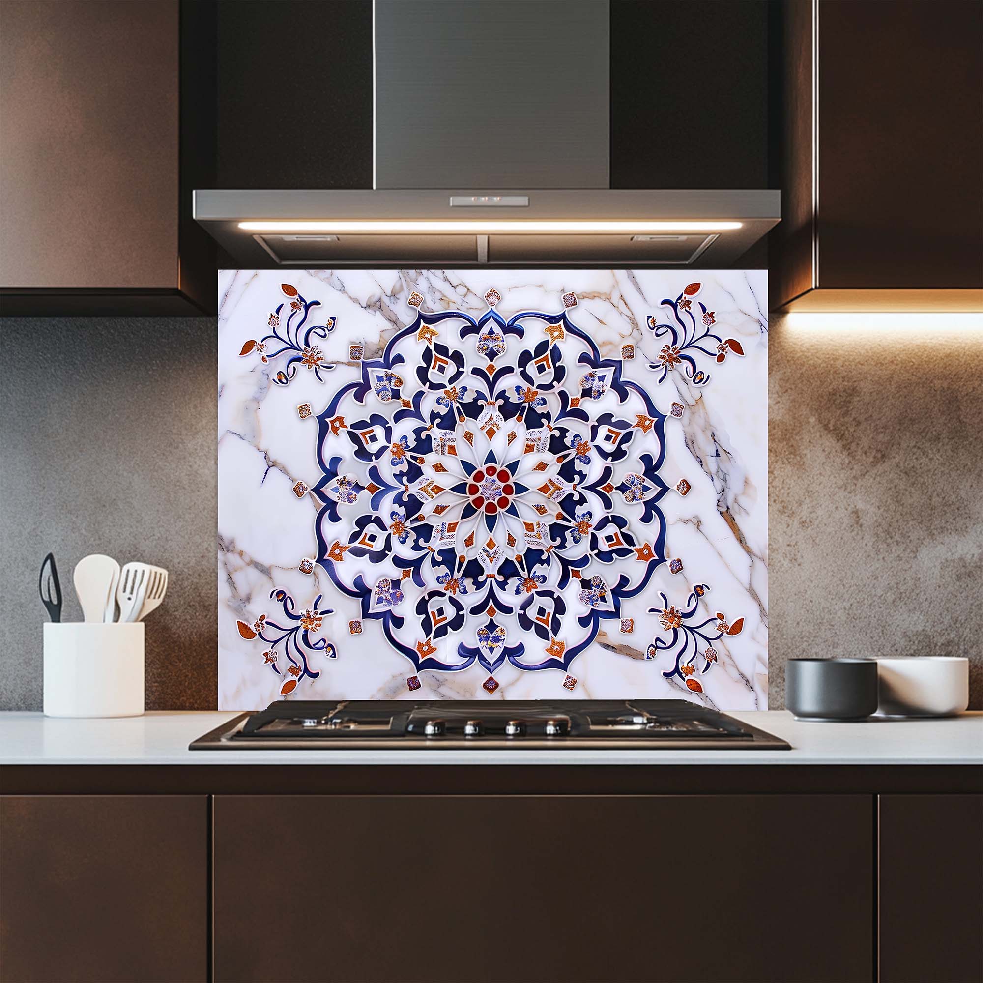 Imperial Mosaic – Tempered Glass Backsplash for Kitchen – Blue & Gold Mandala Splashback