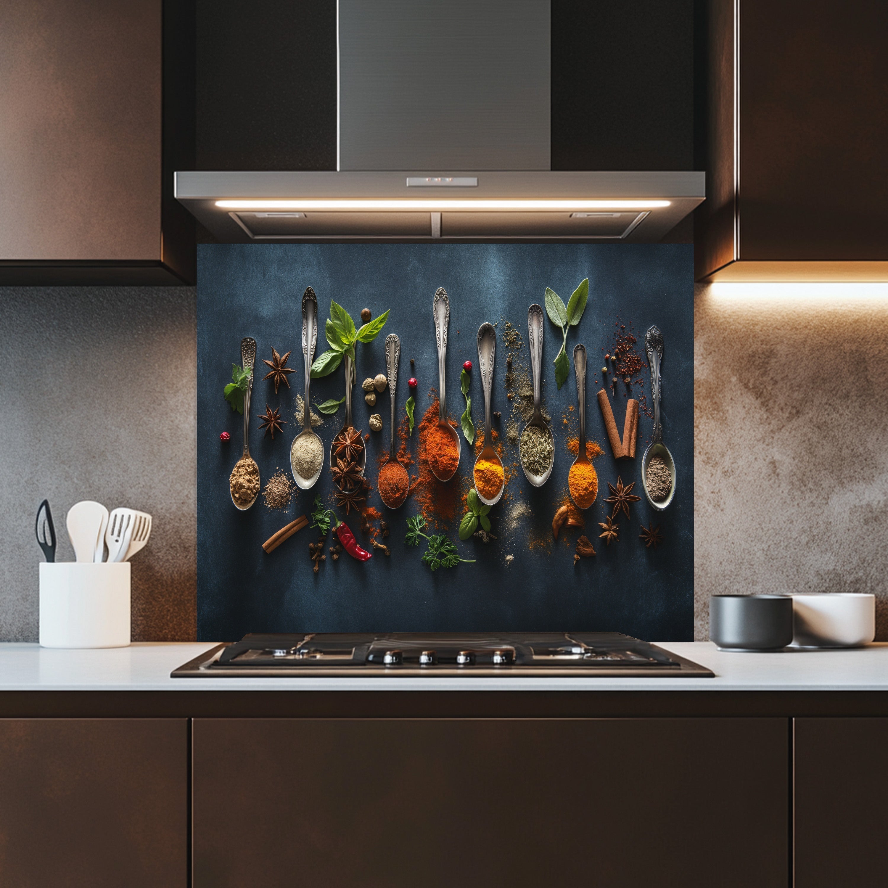 Culinary Symphony Tempered Glass Backsplash – Spice Art Kitchen Wall Decor