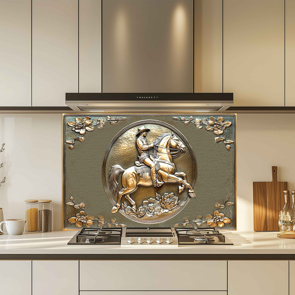 Salpicadura de vidrio templado Cobre Rider – Salpicadero de cocina vaquero del oeste