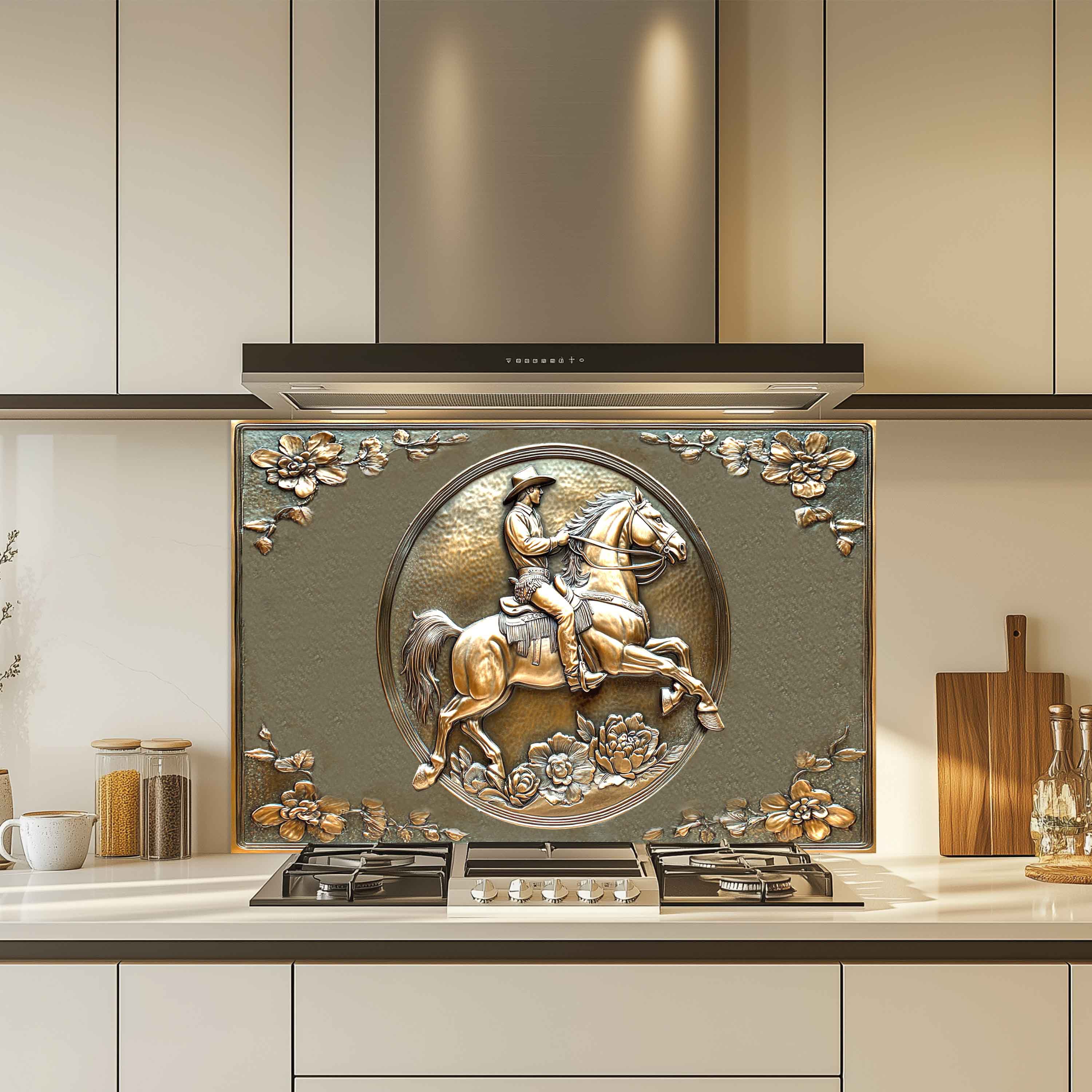 Salpicadura de vidrio templado Cobre Rider – Salpicadero de cocina vaquero del oeste