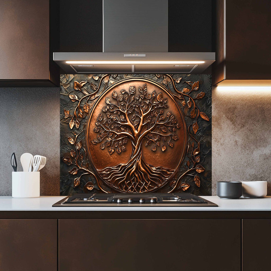 Protector contra salpicaduras de cocina personalizado – Árbol con aspecto de cobre Protector de salpicaduras para estufa de vidrio templado