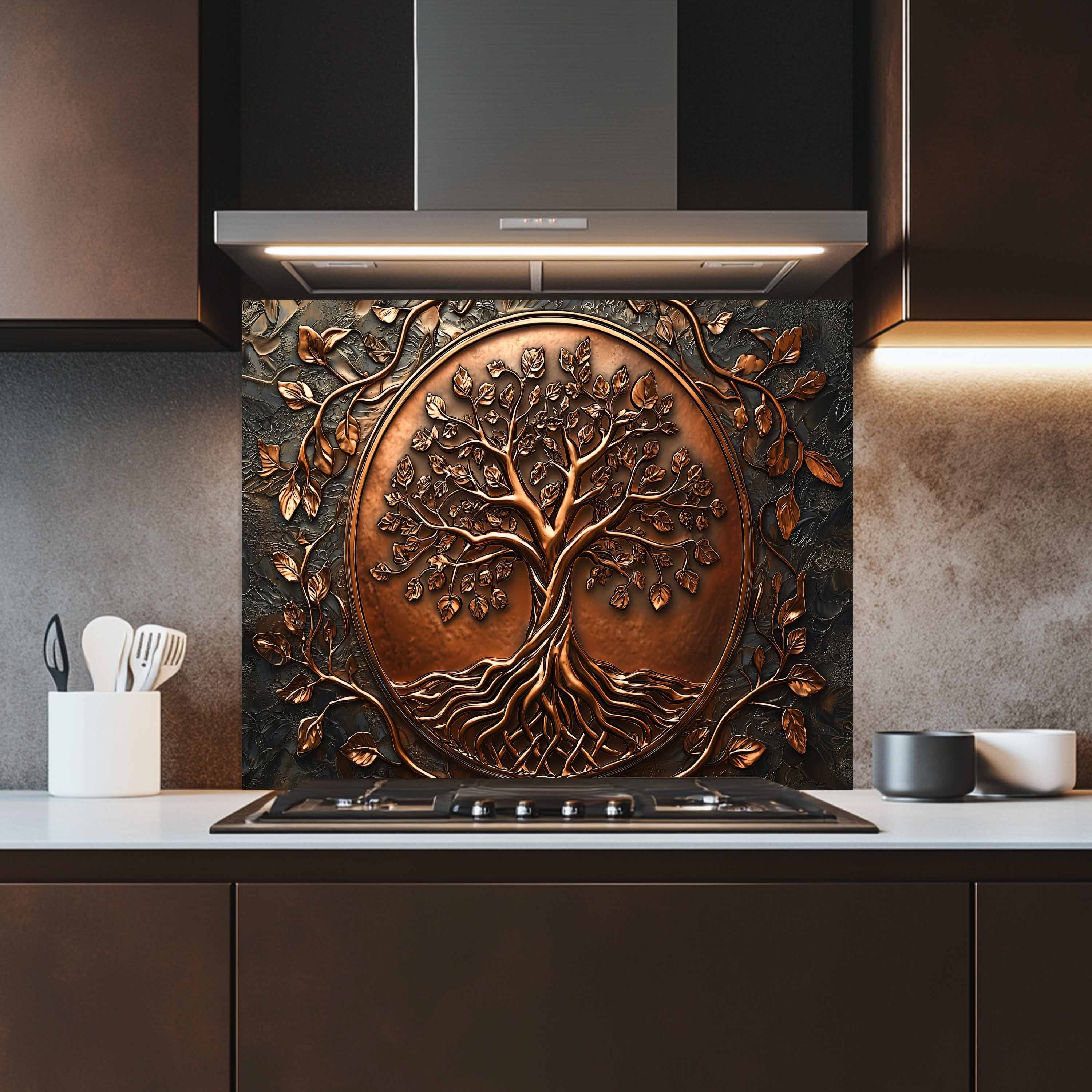 Protector contra salpicaduras de cocina personalizado – Árbol con aspecto de cobre Protector de salpicaduras para estufa de vidrio templado