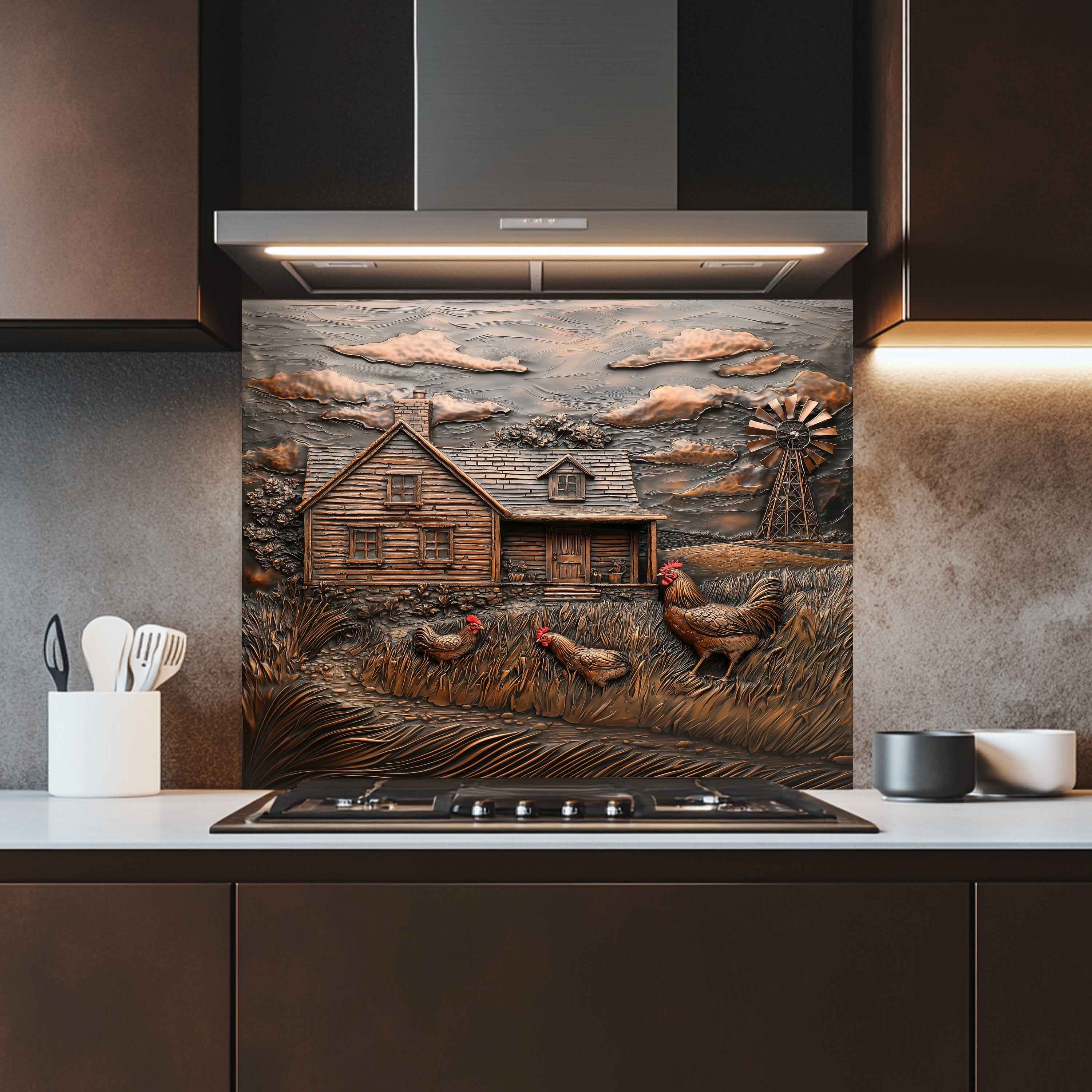 Copper Look Tempered Glass Backsplash for Kitchen | Rustic Cabin, Rooster & Windmill Design