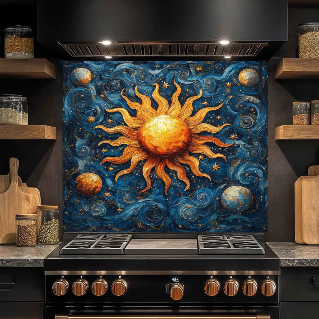 Solar Waltz Tempered Glass Backsplash – Cosmic Sun and Galaxy Kitchen Splashback