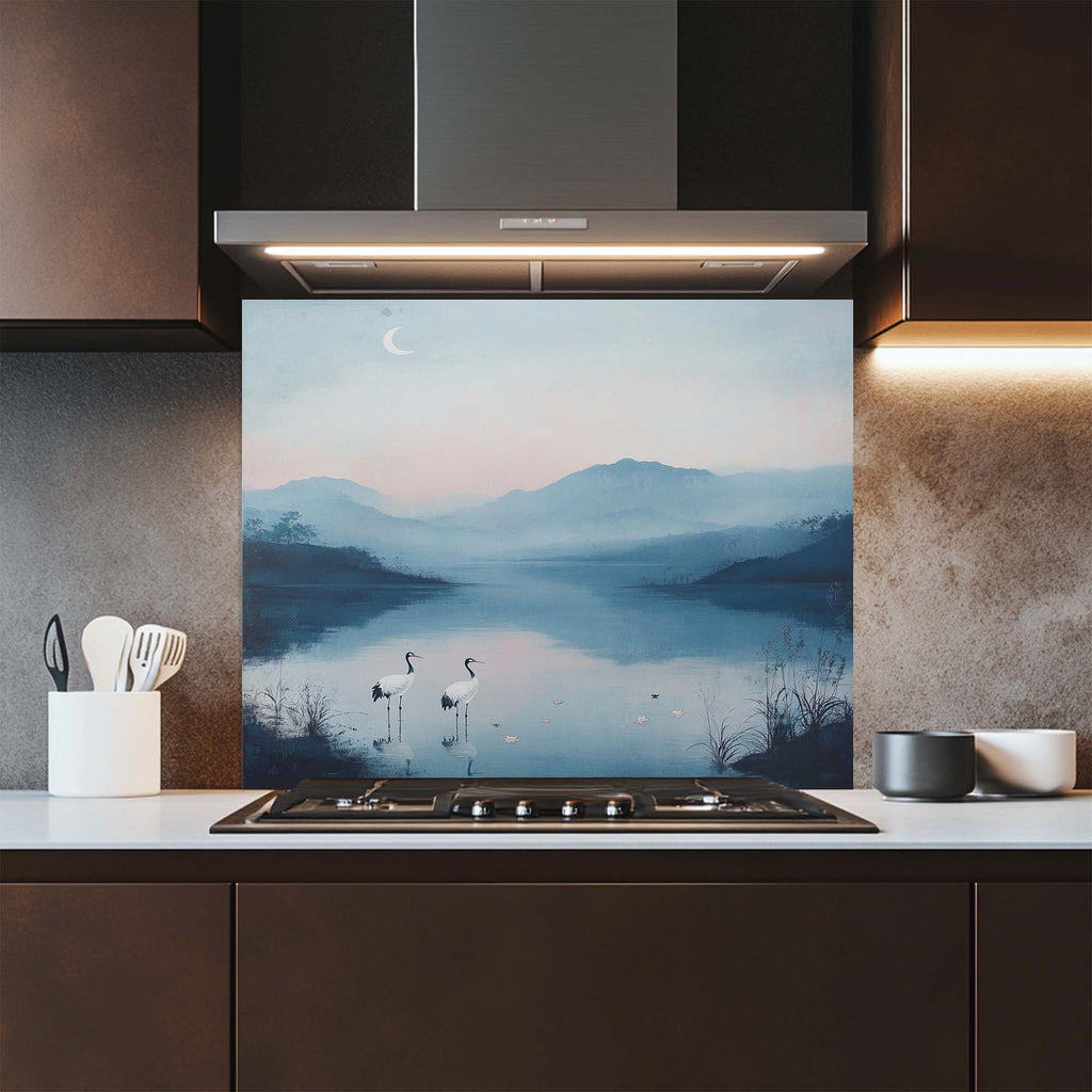 Moon Cranes – Protector contra salpicaduras de vidrio templado para cocina | Protector contra salpicaduras con sereno paisaje lacustre