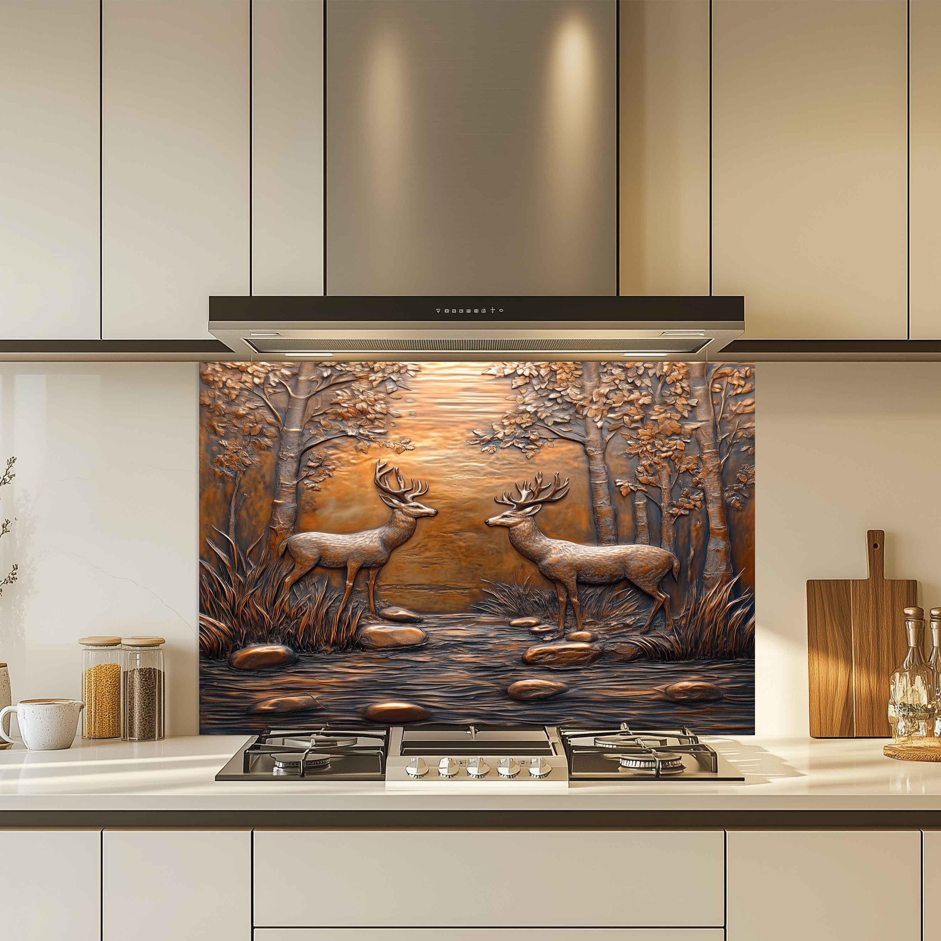 Protector contra salpicaduras de vidrio templado Encuentro en el bosque – Panel protector de cocina con escena de ciervos