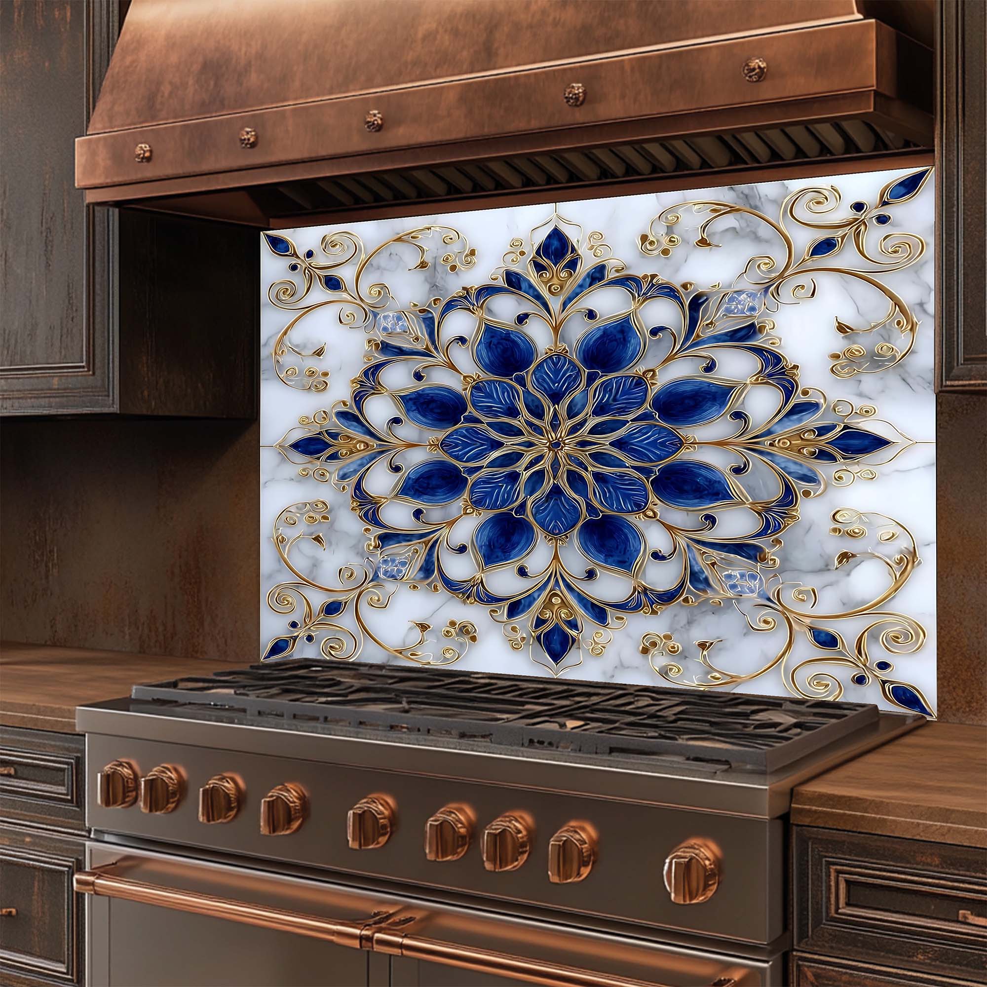 Majestic Sapphire – Salpicadero de cristal templado para cocina – Salpicadero con mandala azul y dorado