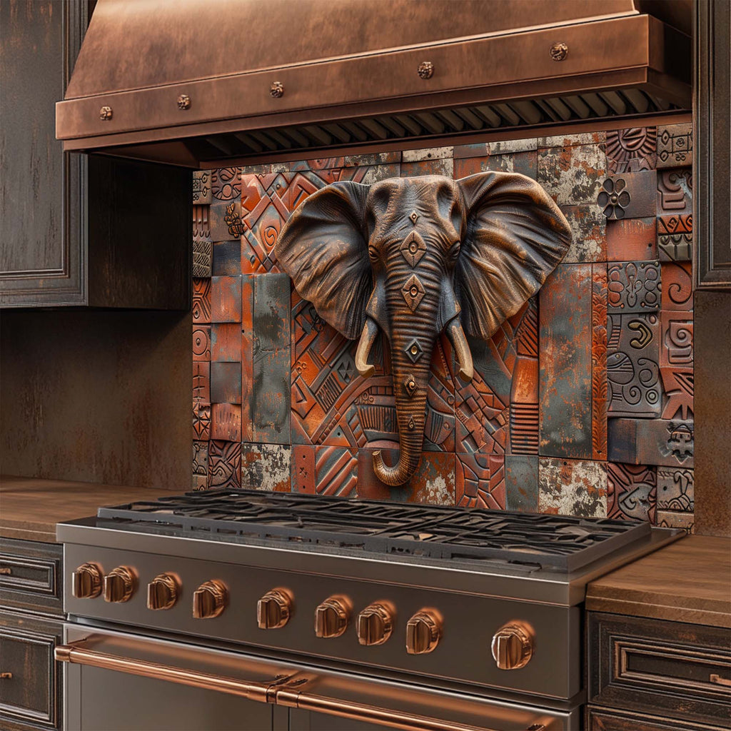 Tribal Elephant – Tempered Glass Backsplash | African Ethnic Pattern Kitchen Backsplash
