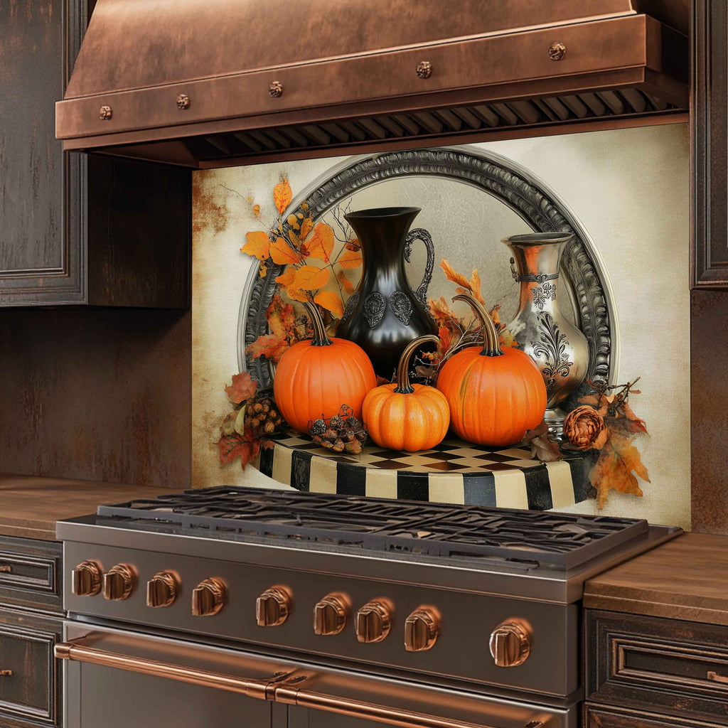 Autumn Harvest Tempered Glass Backsplash – Vintage Pumpkin Kitchen Wall Art