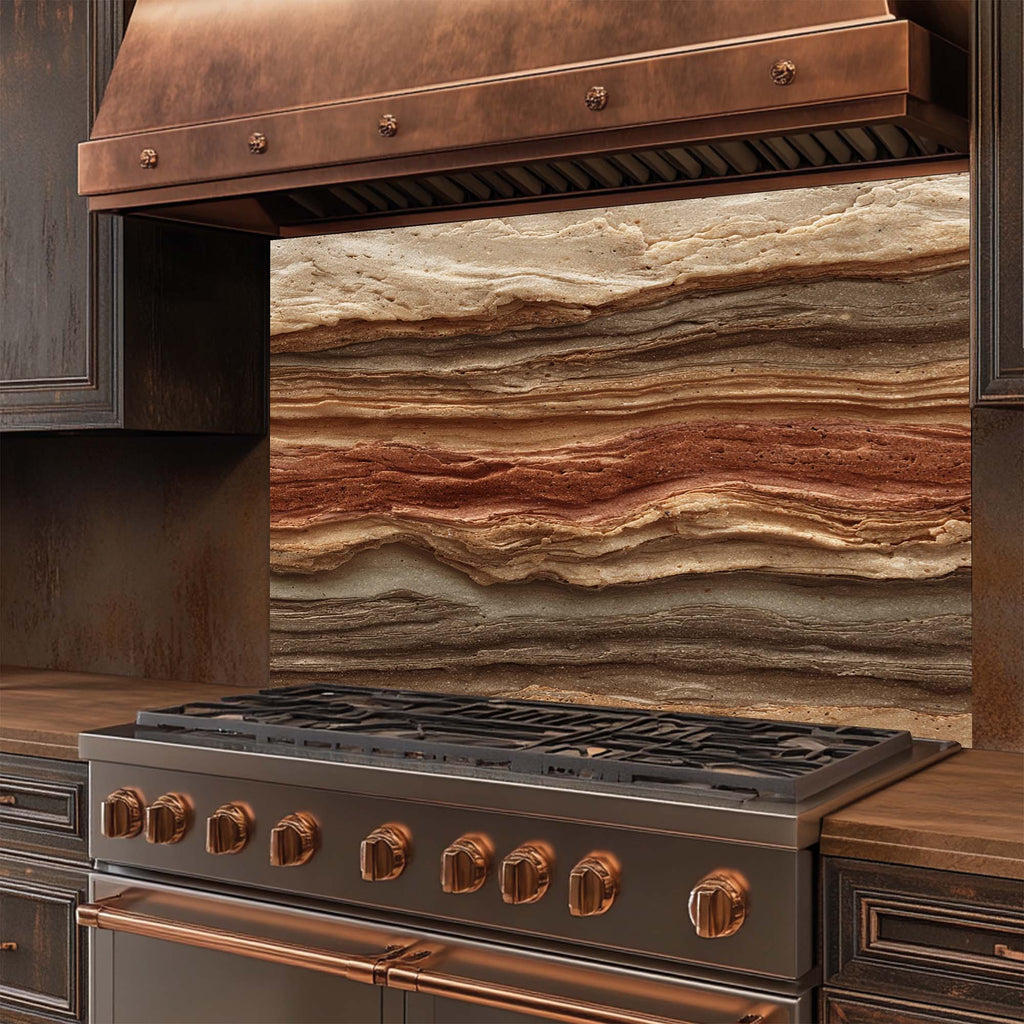 Strata Fusion – Salpicadero de cristal templado para cocina | Salpicadero de cristal geológico en tonos tierra