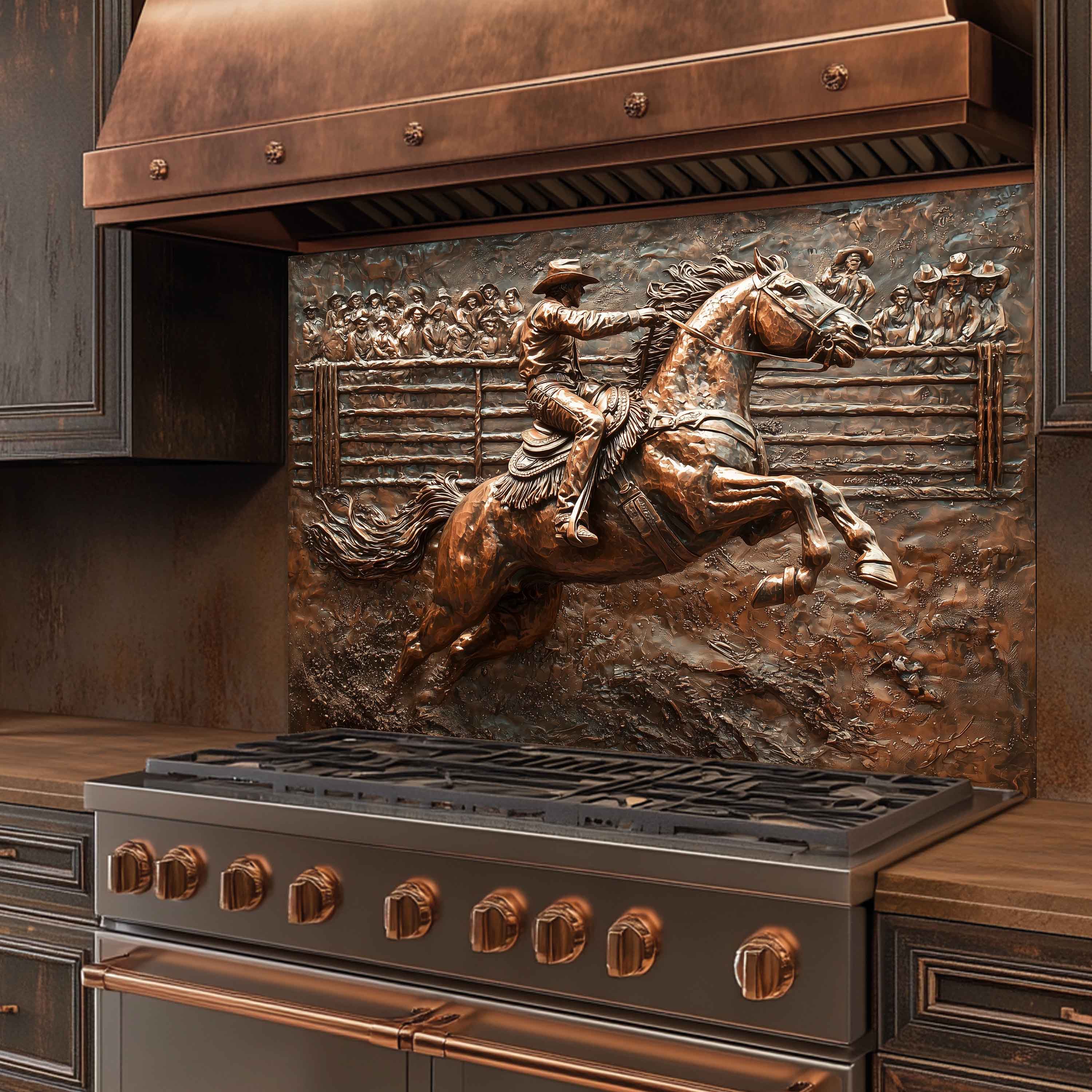 Western Tempered Glass Backsplash for Kitchen | Copper-Look Cowboy & Rodeo Scene