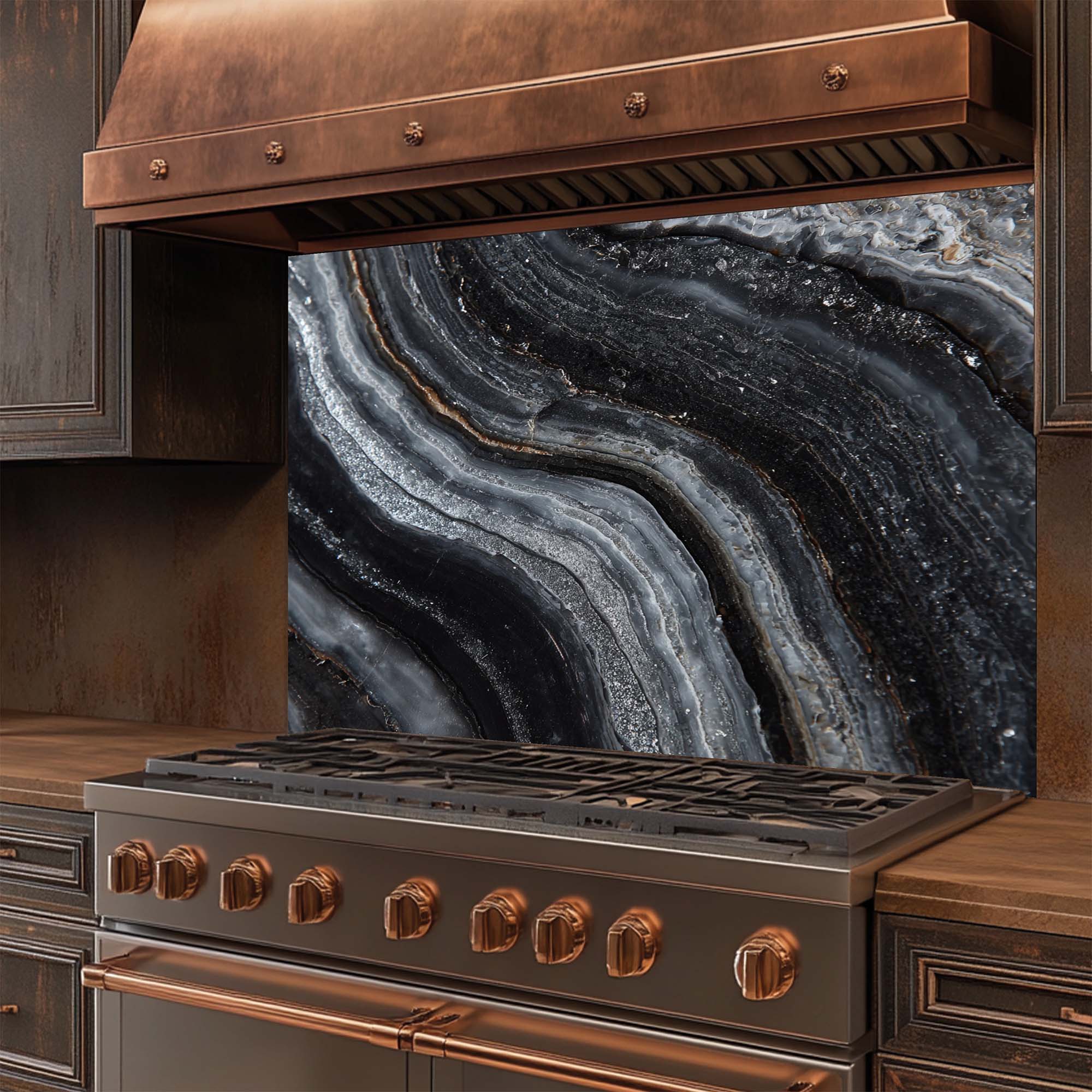 Vetas de Obsidiana – Salpicadero de Vidrio Templado para Cocina | Salpicadero Monocromático de Lujo