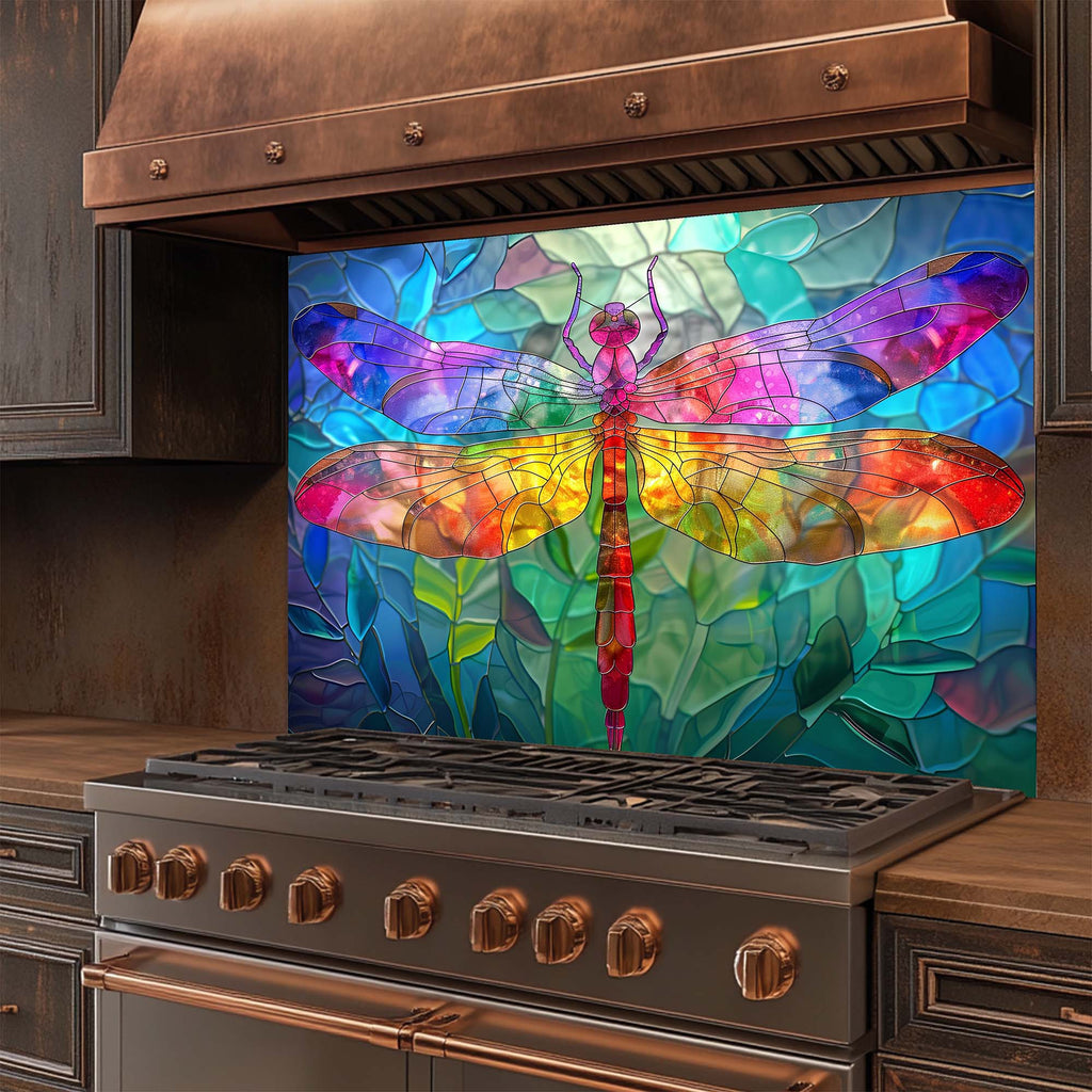 Libélula Arcoíris – Salpicadero de cristal templado para cocina – Salpicadero efecto vidriera