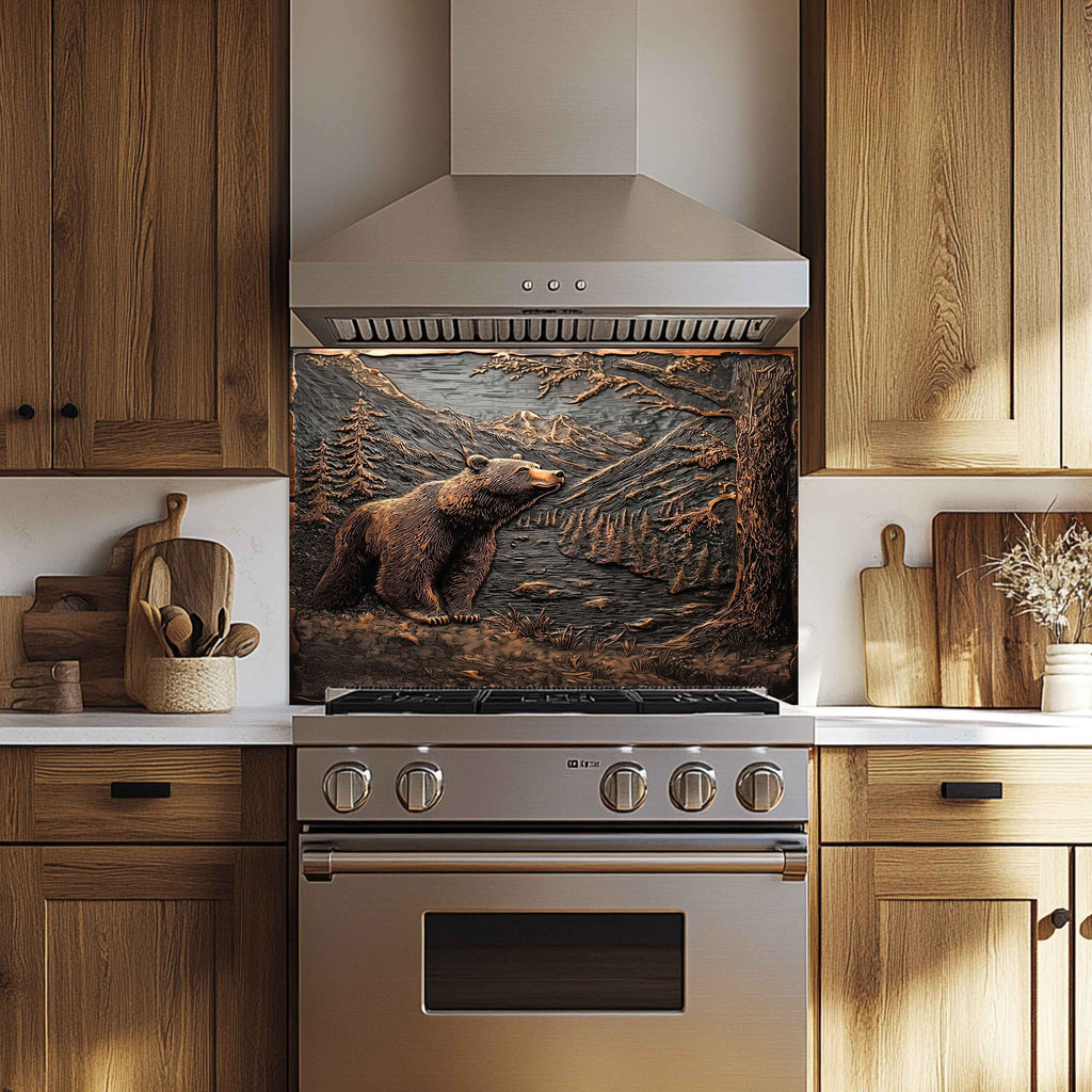 Mountain Whisper Tempered Glass Backsplash – Bear in Forest Kitchen Backsplash Panel