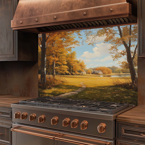 Amber Haven – Tempered Glass Backsplash for Kitchen | Autumn Cottage Landscape Backsplash