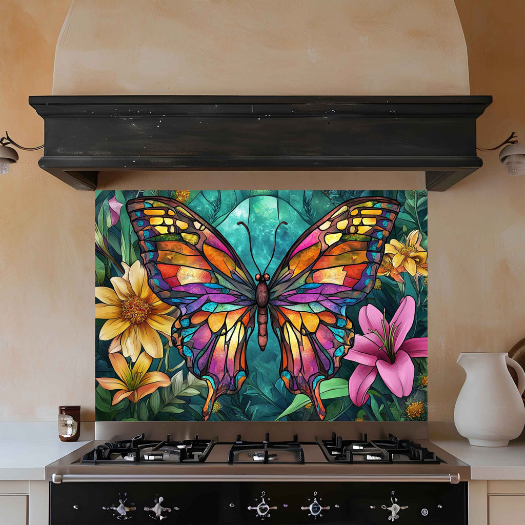 Tempered Glass Backsplash for Kitchen | Colorful Butterfly & Floral Stained Glass Design