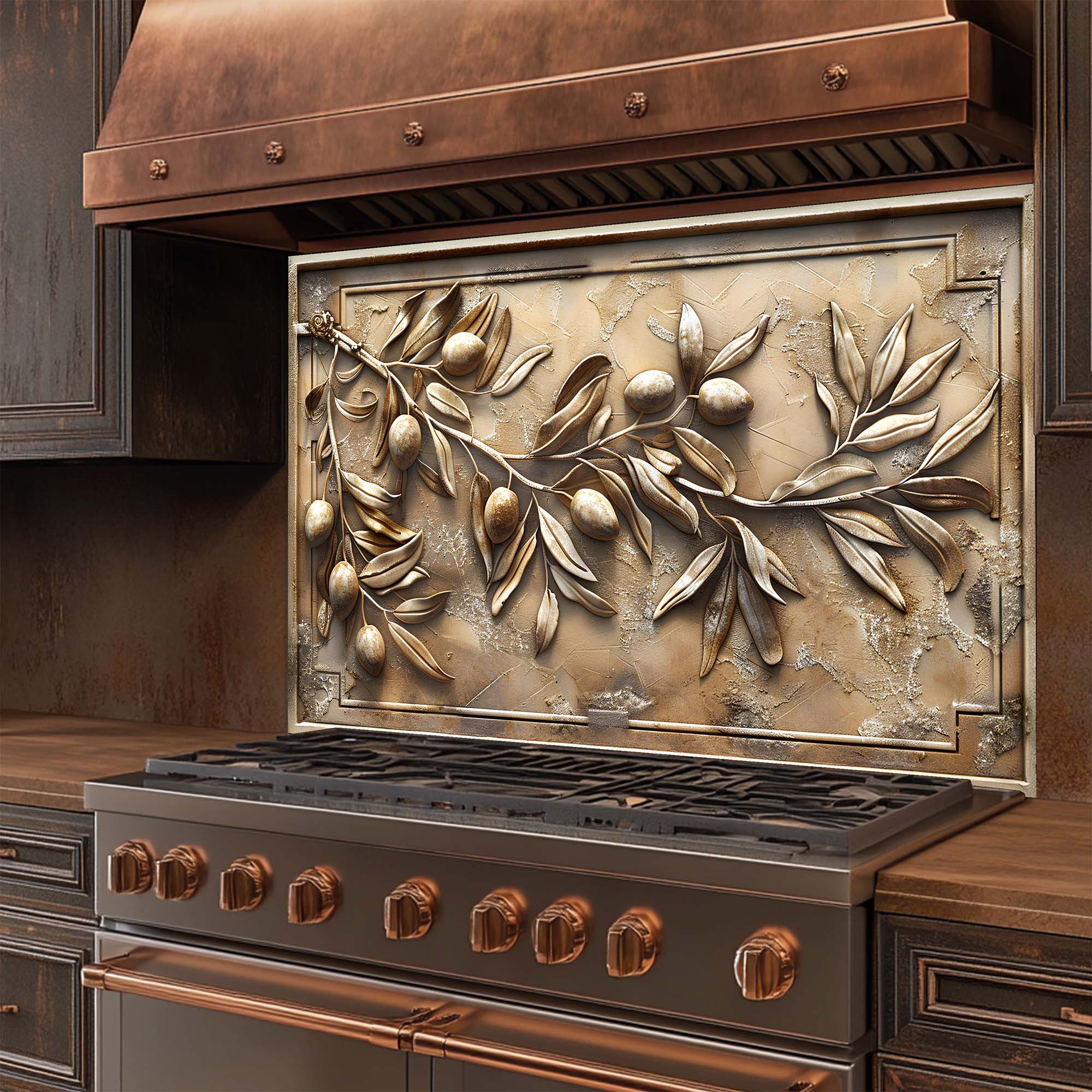 Olive Grace – Tempered Glass Backsplash for Kitchen | Textured Olive Branch Backsplash