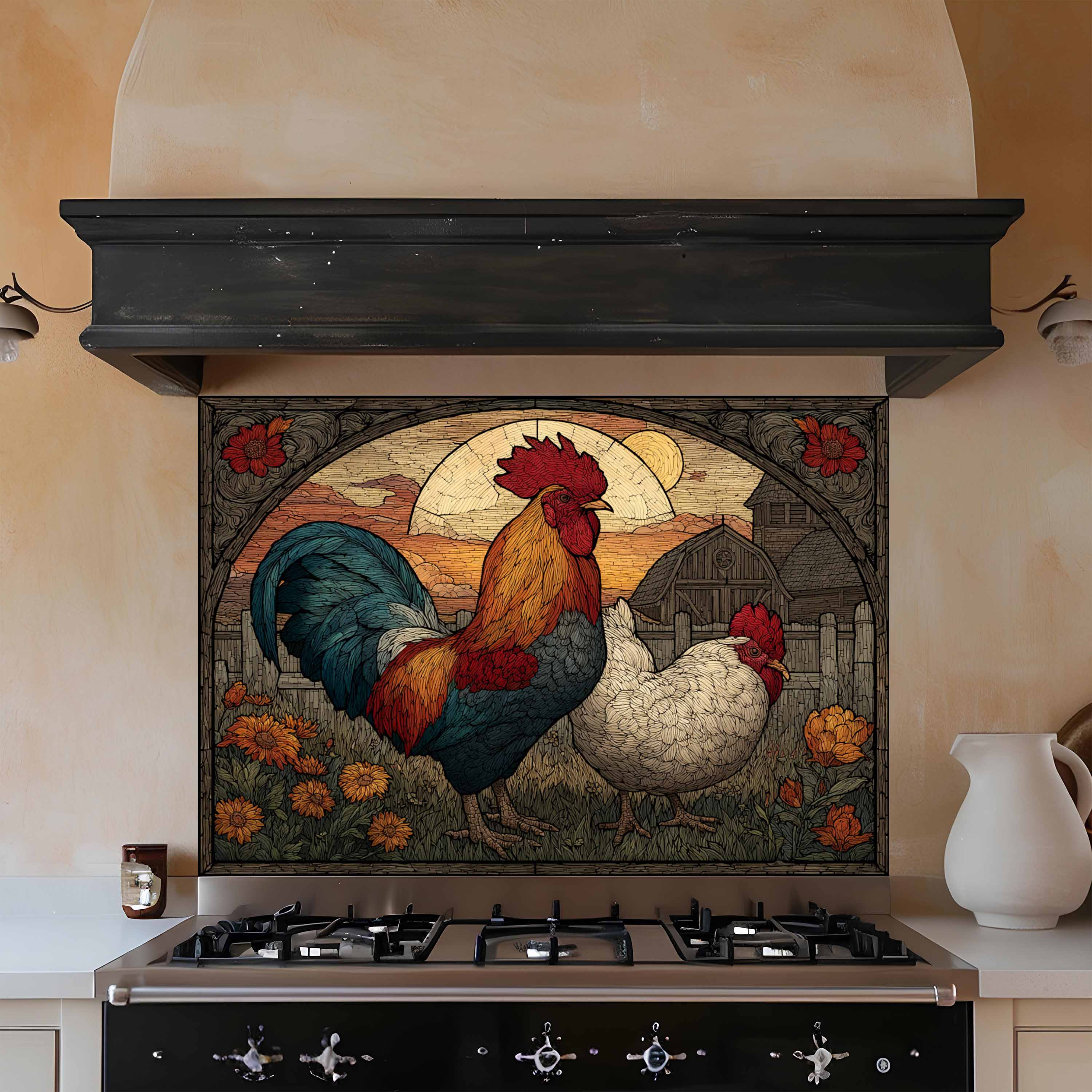 Tempered Glass Backsplash for Kitchen | Vintage Rooster and Hen Farm Design