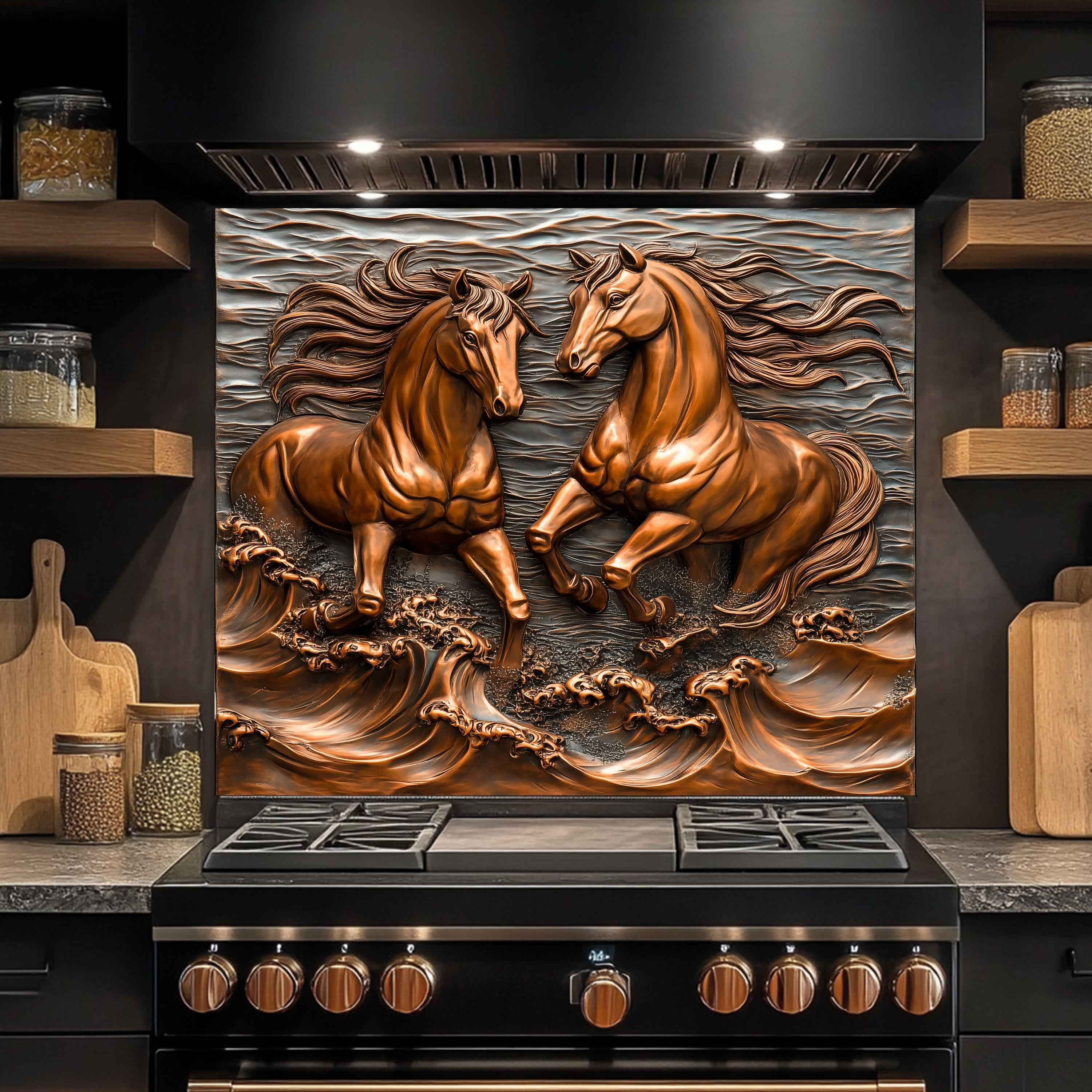 Panel antisalpicaduras de vidrio templado Ocean Stallions – Panel antisalpicaduras de cocina Caballos salvajes