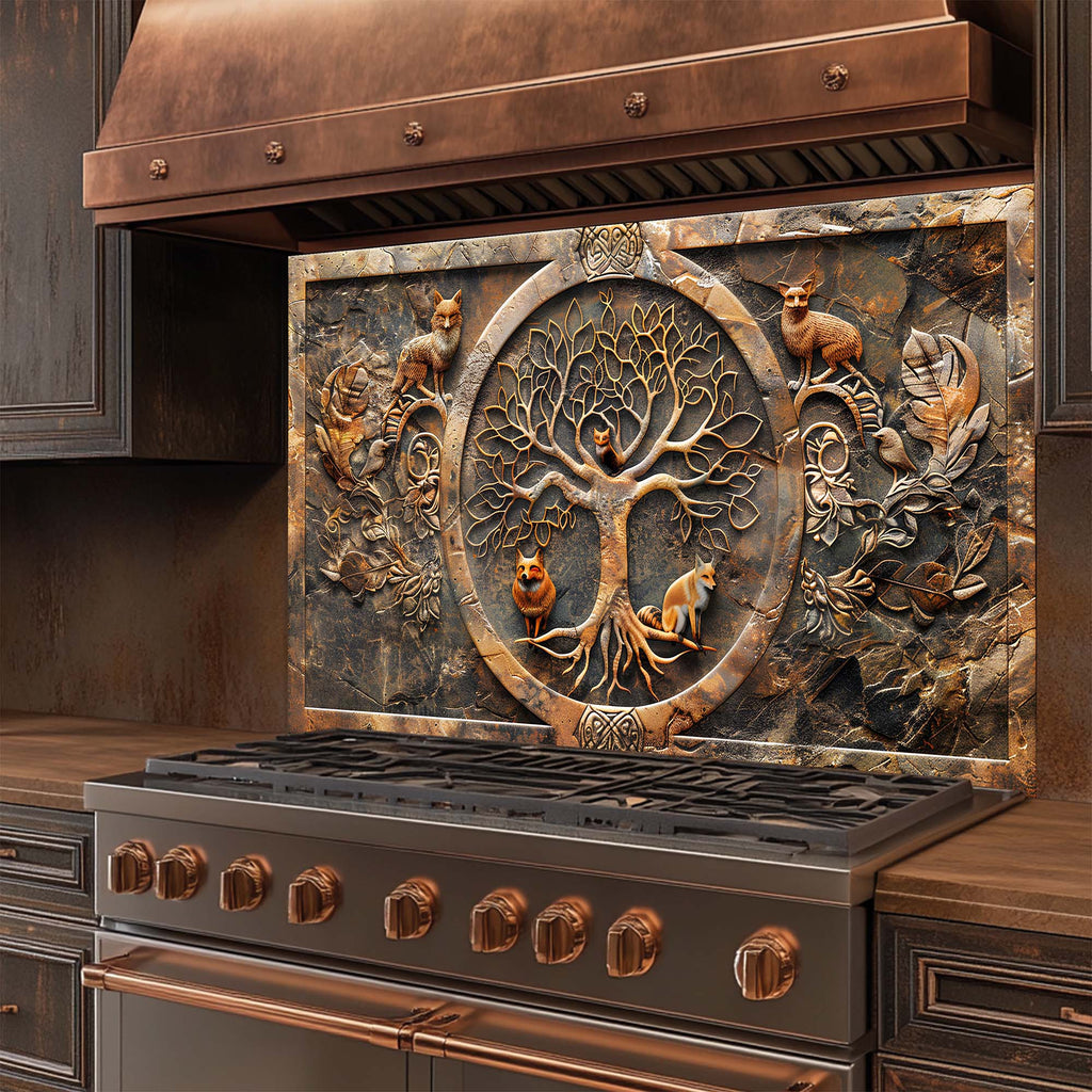 Fox Wisdom Tree – Tempered Glass Backsplash | Tree of Life with Forest Animals Backsplash