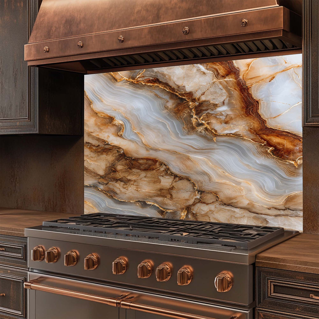 Onyx Gold – Salpicadero de cristal templado para cocina | Salpicadero con aspecto de mármol y ágata
